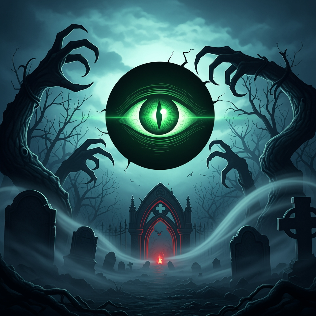 AI Design for make a video in which illuminati eye logo dark green horror sence