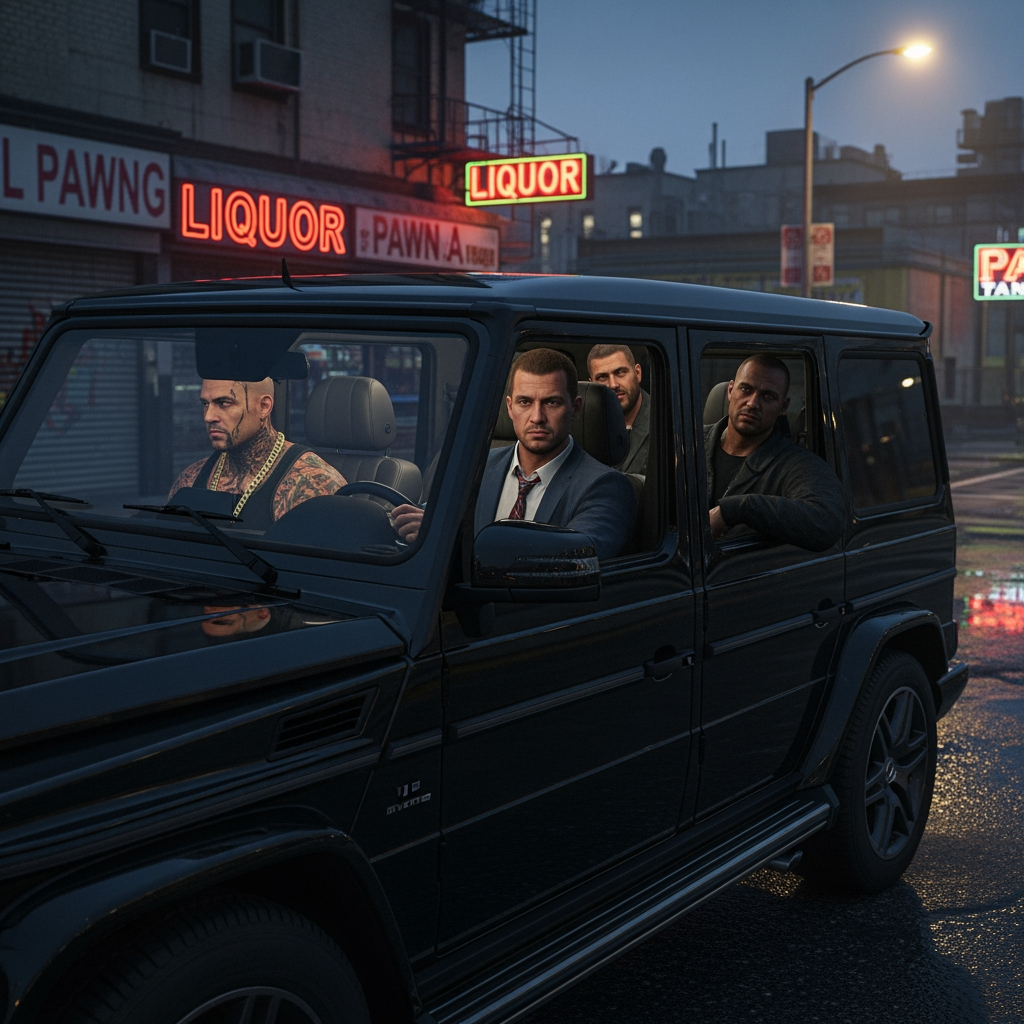 AI Design for make photo in which michael de santa in g vagen with gangters scoute