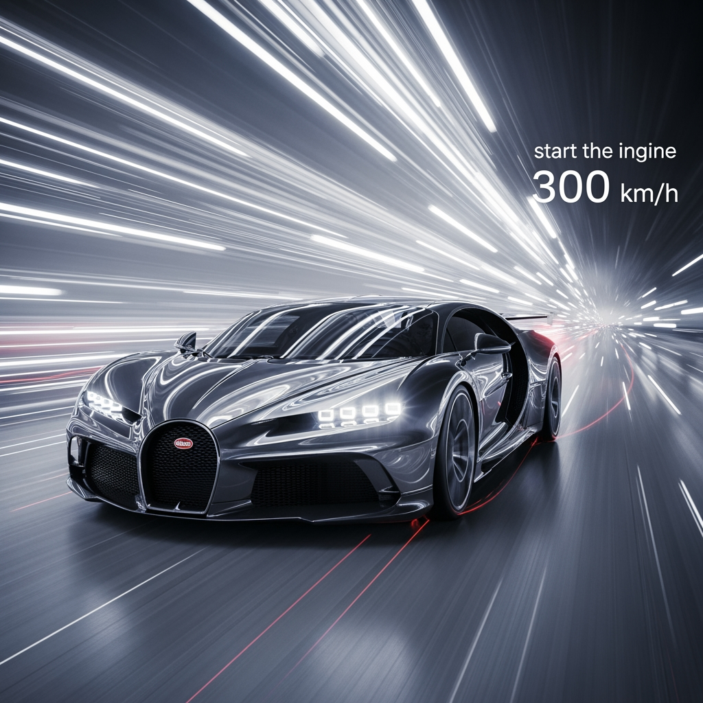 AI Design for give me a bugatti bolide 3D model without background in timeline create a sence in which the bugatti is very high speed 300 km/s , the sence script is the bugatti 10 km distance strat the engine and go in 300 km with motion graphics
