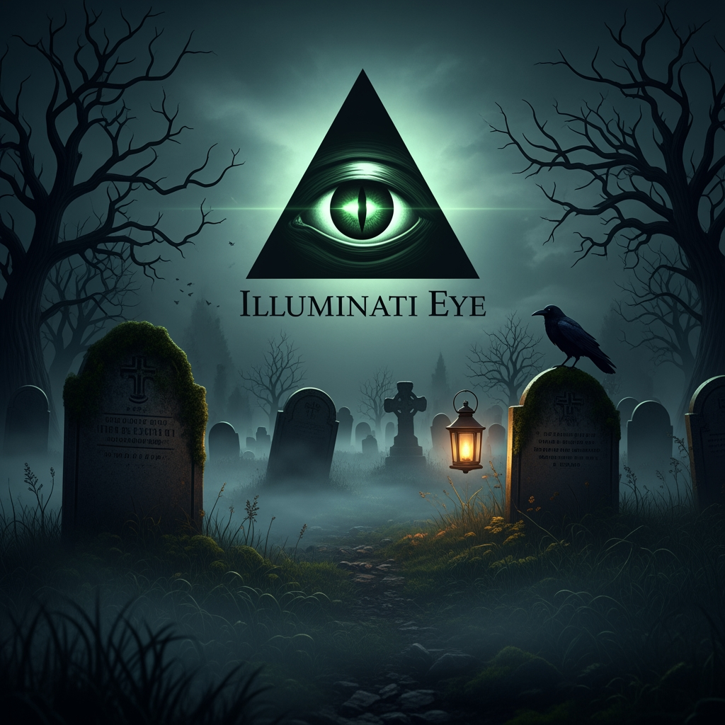 AI Design for make a video in which illuminati eye logo dark green horror sence in graveyard