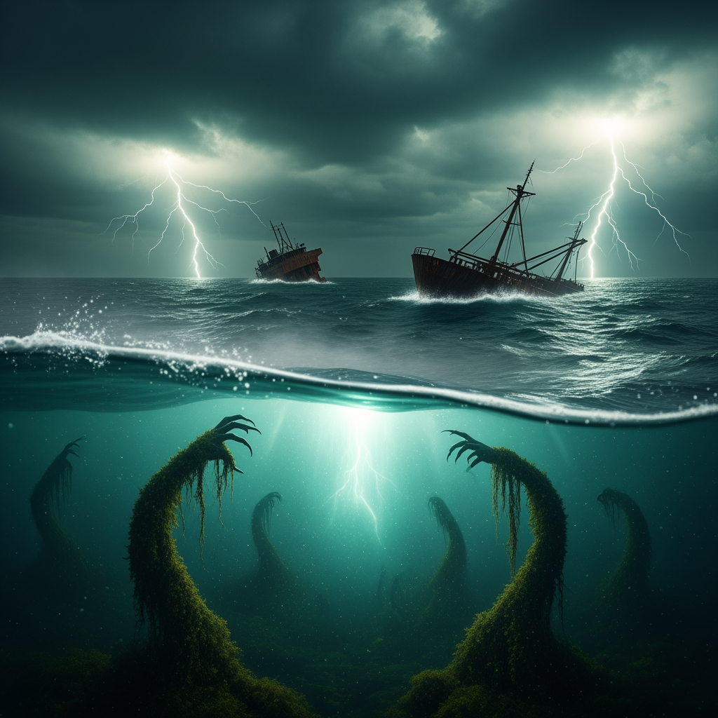 AI Design for make a video in which bermuda triangle dark green horror sence