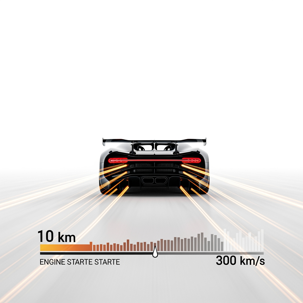 AI Design for give me a bugatti bolide 3D model without background in timeline create a sence in which the bugatti is very high speed 300 km/s , the sence script is the bugatti 10 km distance strat the engine and go in 300 km with motion graphics