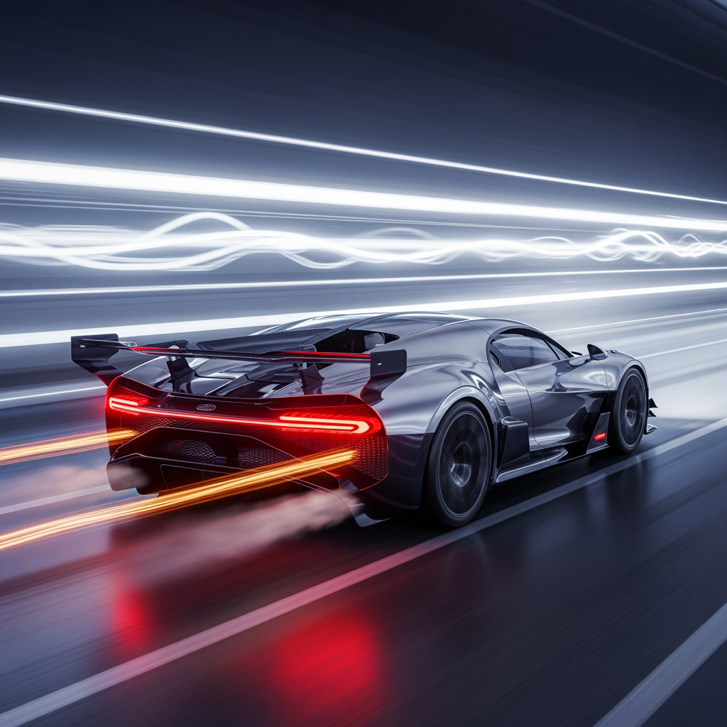 AI Design for give me a bugatti bolide 3D model without background in timeline create a sence in which the bugatti is very high speed 300 km/s , the sence script is the bugatti 10 km distance strat the engine and go in 300 km
