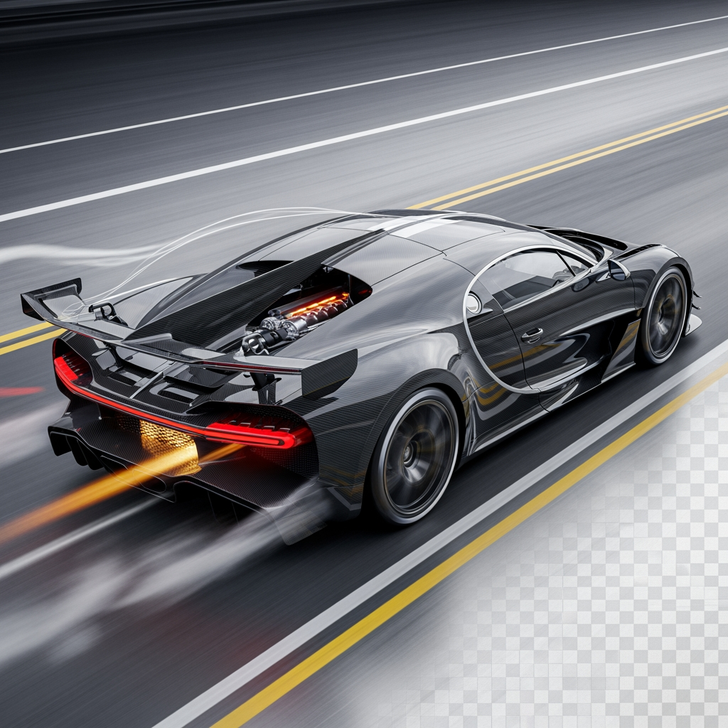 AI Design for give me a bugatti bolide 3D model without background in timeline create a sence in which the bugatti is very high speed 300 km/s , the sence script is the bugatti 10 km distance strat the engine and go in 300 km