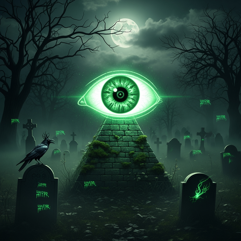 AI Design for make a video in which illuminati eye logo dark green horror sence in graveyard in hyper realistic