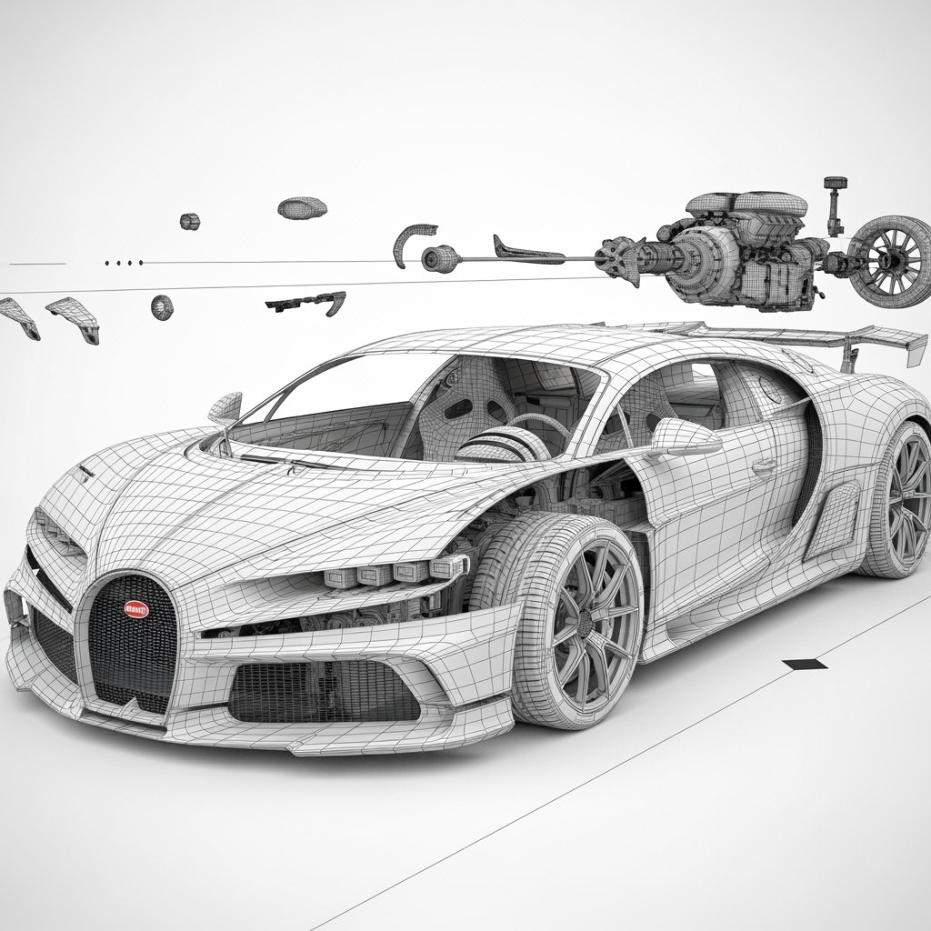 AI Design for give me a bugatti bolide 3D model without background in timeline