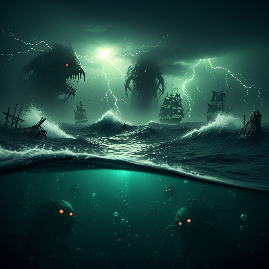 AI Design for make a video in which bermuda triangle dark green horror sence
