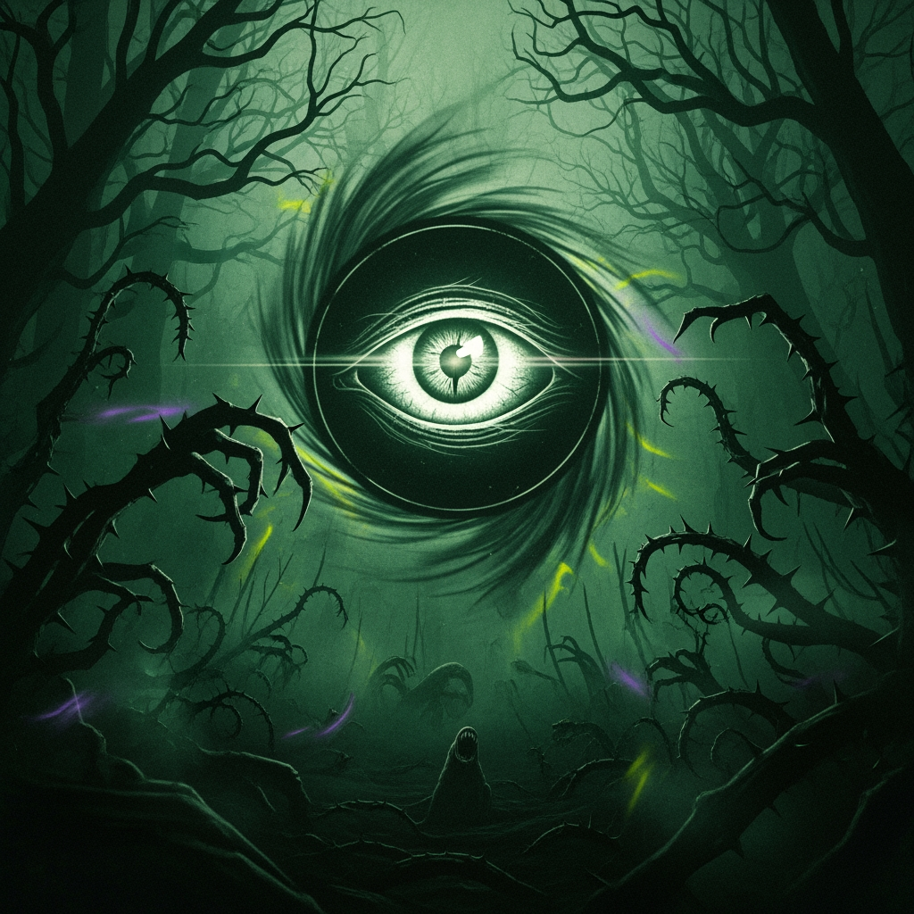 AI Design for make a video in which illuminati eye logo dark green horror sence