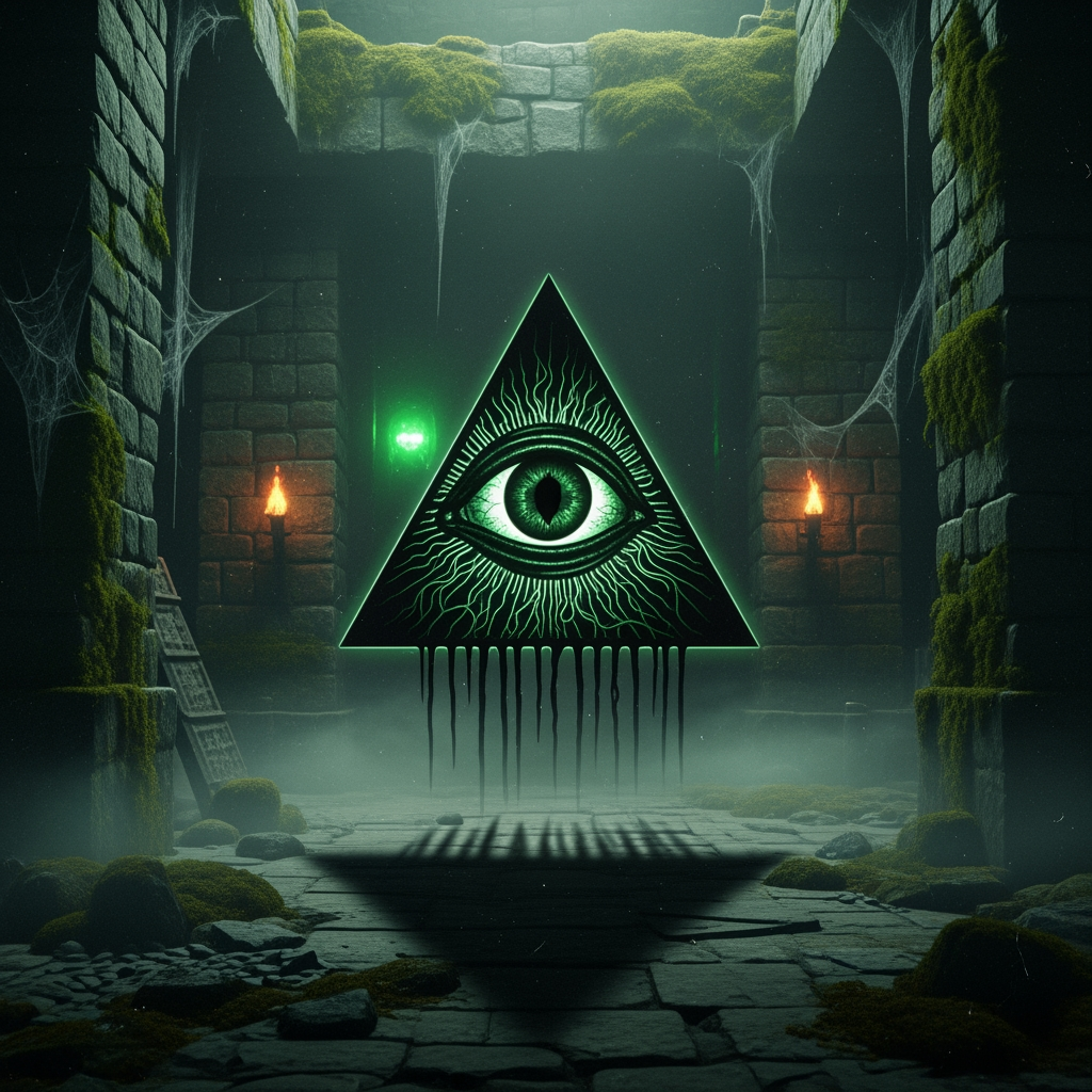 AI Design for make a video in which illuminati eye logo dark green horror sence