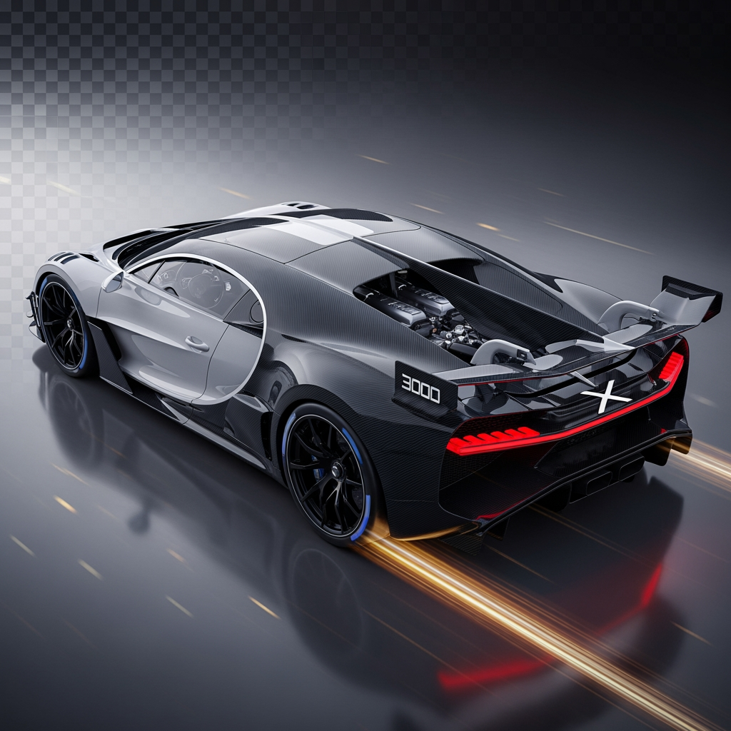 AI Design for give me a bugatti bolide 3D model without background in timeline create a sence in which the bugatti is very high speed 300 km/s , the sence script is the bugatti 10 km distance strat the engine and go in 300 km