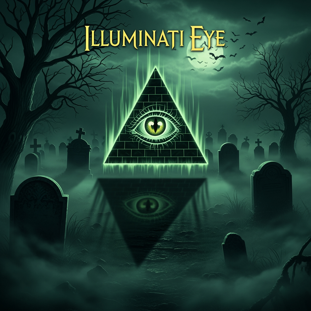 AI Design for make a video in which illuminati eye logo dark green horror sence in graveyard in hyper realistic