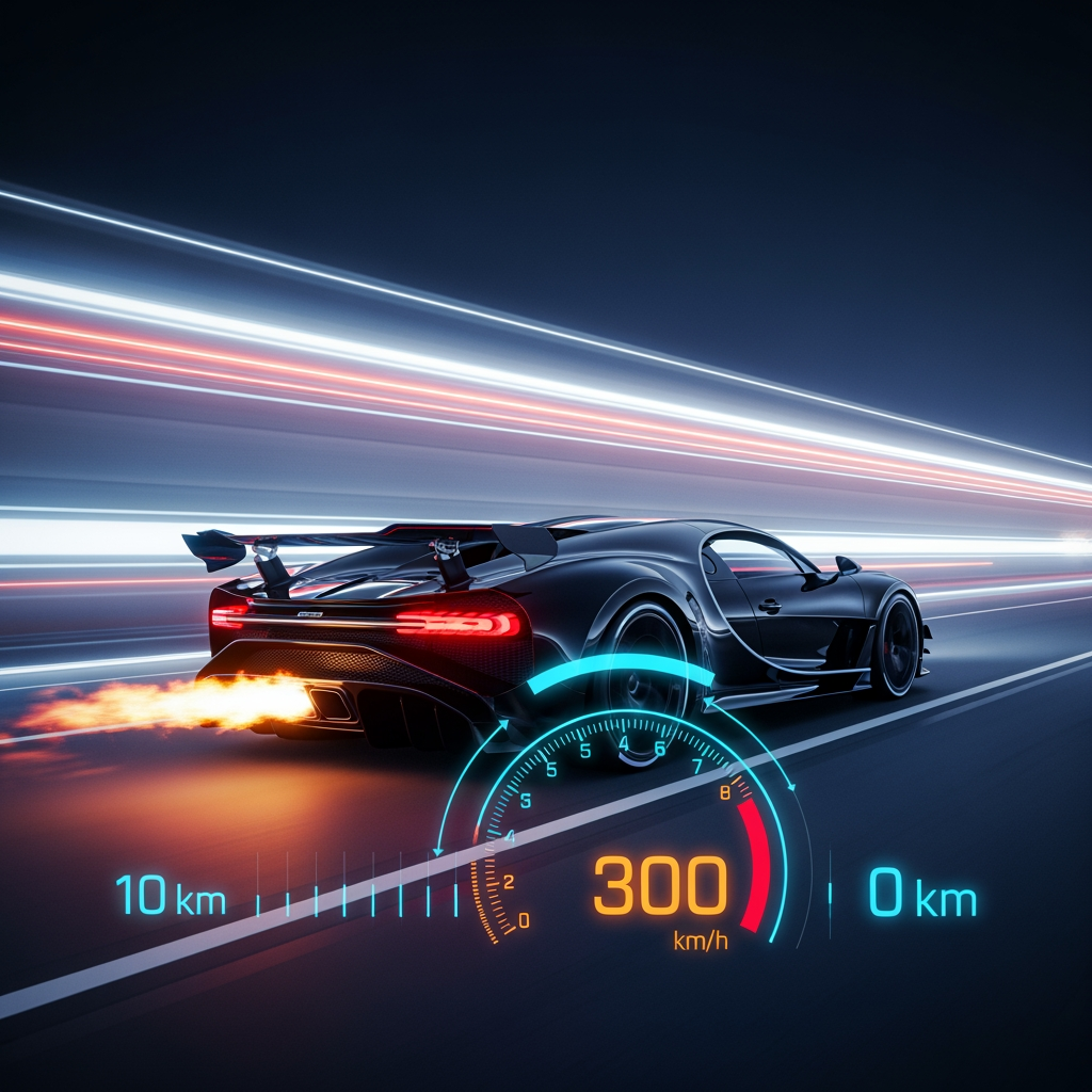 AI Design for give me a bugatti bolide 3D model without background in timeline create a sence in which the bugatti is very high speed 300 km/s , the sence script is the bugatti 10 km distance strat the engine and go in 300 km with motion graphics