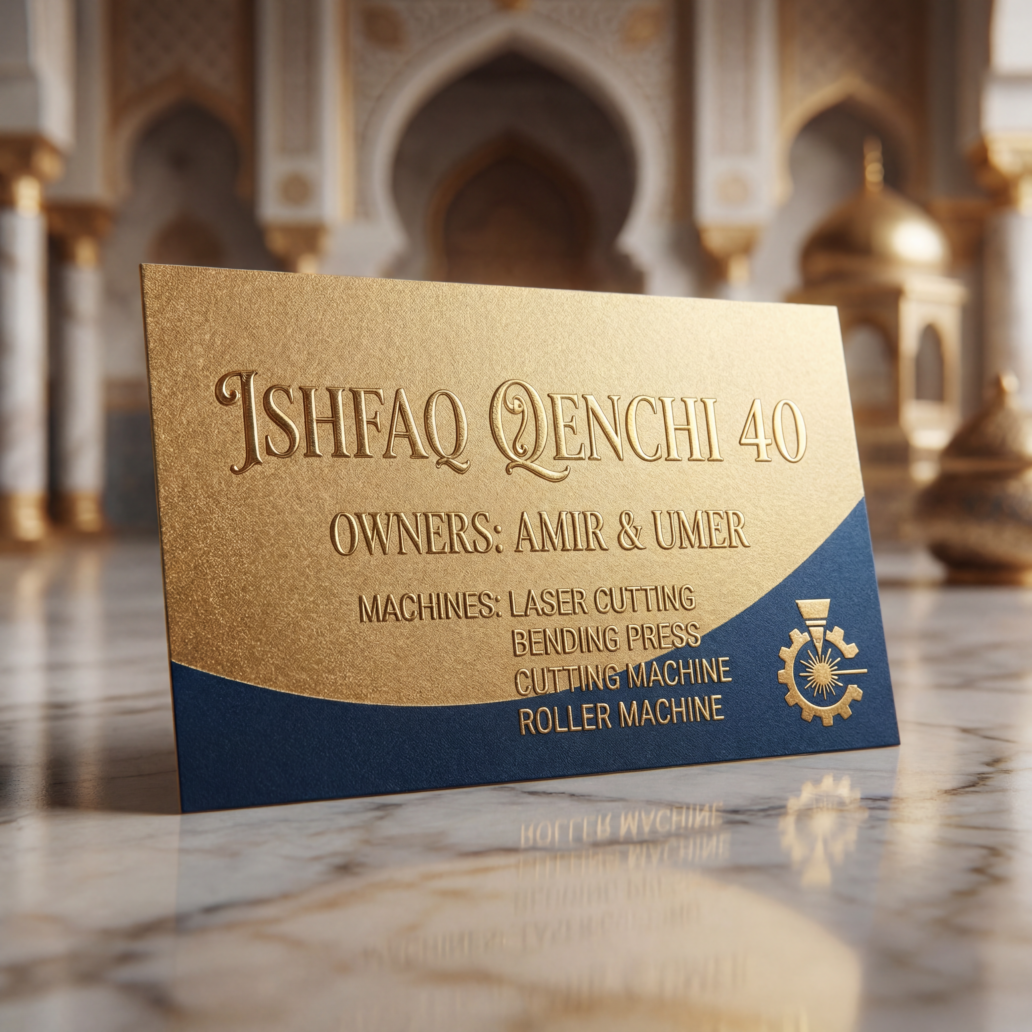 AI Design for make a shop card in dubai style in which the shop name is ISHFAQ QENCHI 40 and the owners names is AMIR and UMER add in mechine names is LASER CUTTING , BENDING PRESS , CUTTING MECHINE , ROLLER MECHINE