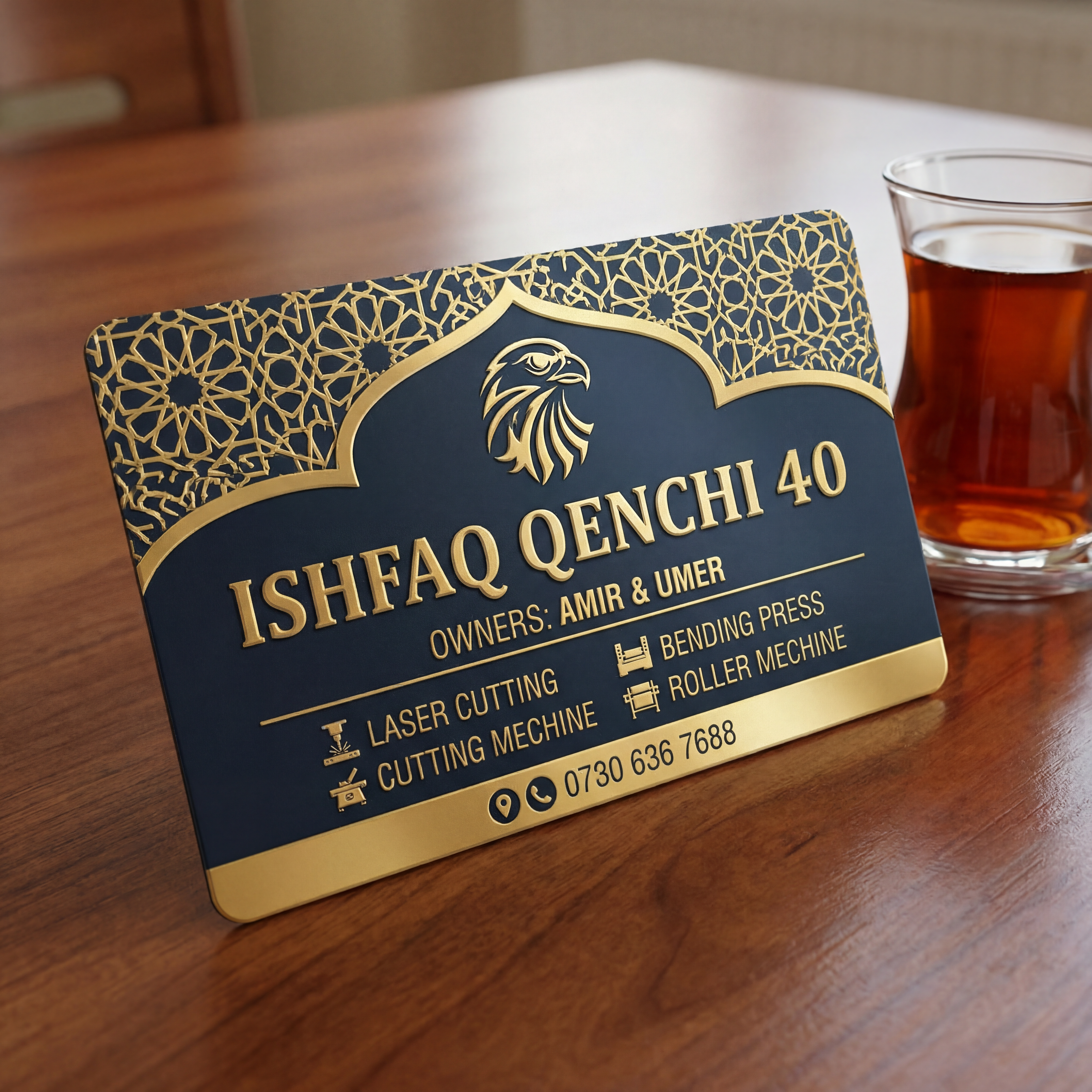 AI Design for make a shop card in dubai style in which the shop name is ISHFAQ QENCHI 40 and the owners names is AMIR and UMER add in mechine names is LASER CUTTING , BENDING PRESS , CUTTING MECHINE , ROLLER MECHINE