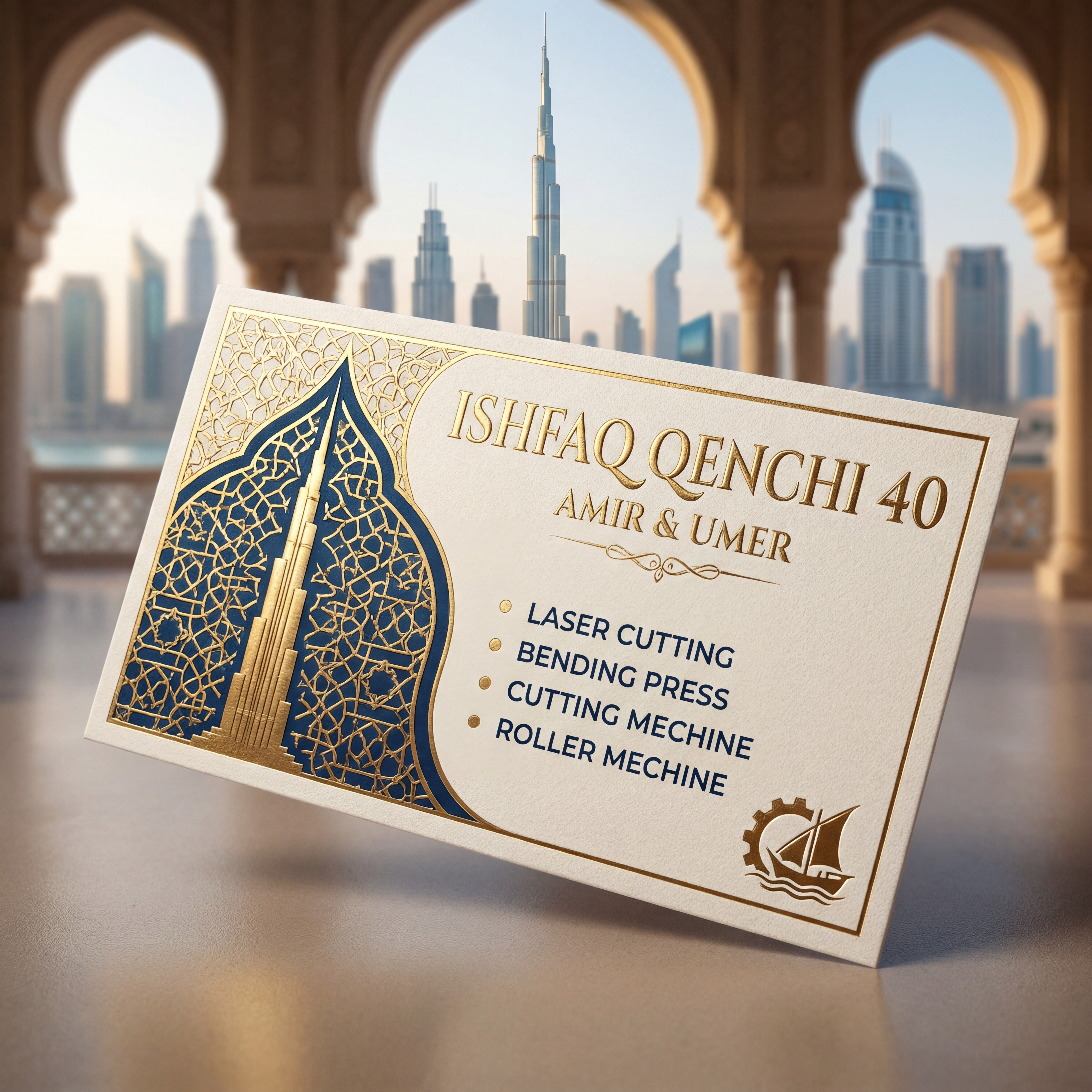 AI Design for make a shop card in dubai style in which the shop name is ISHFAQ QENCHI 40 and the owners names is AMIR and UMER add in mechine names is LASER CUTTING , BENDING PRESS , CUTTING MECHINE , ROLLER MECHINE