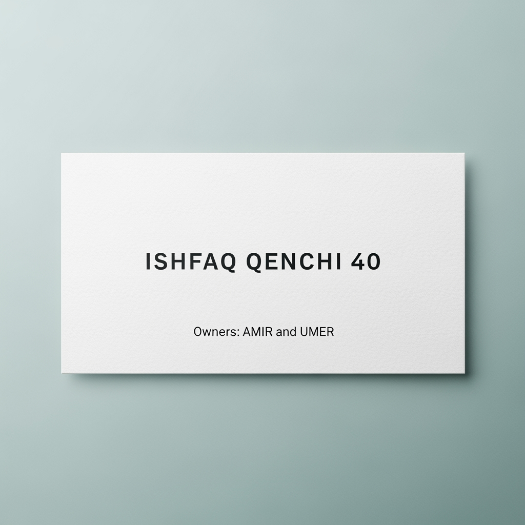 AI Design for make a shop card in which the shop name is ISHFAQ QENCHI 40 and the owners names is AMIR and UMER , make a simple card but clean and esthetic  looks