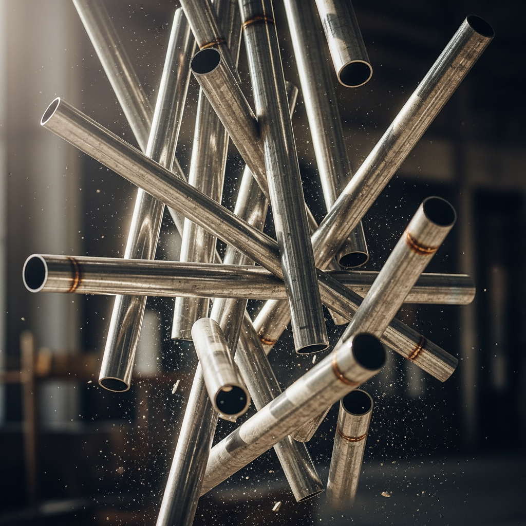 AI Design for make a photo in which shiny steel pipes is fall down