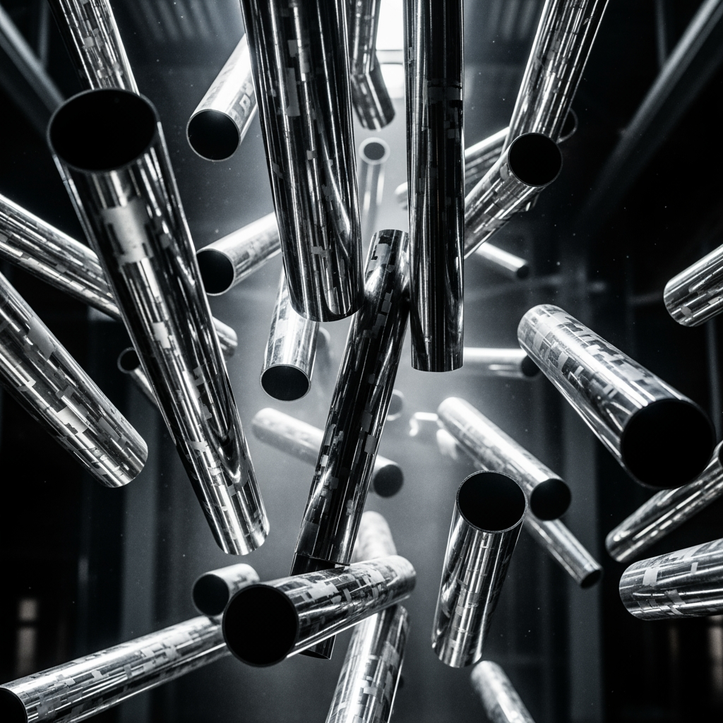 AI Design for make a photo in which shiny steel pipes is fall down