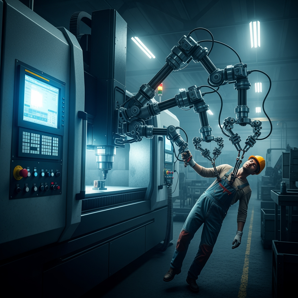 AI Design for make a photo in which the CNC laser machine control the mans worker