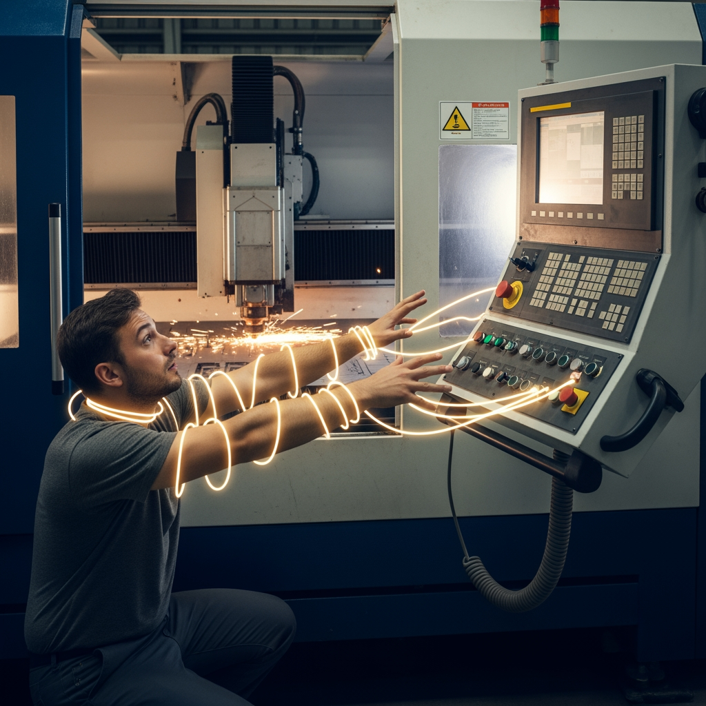 AI Design for make a photo in which the CNC laser machine control the mans worker
