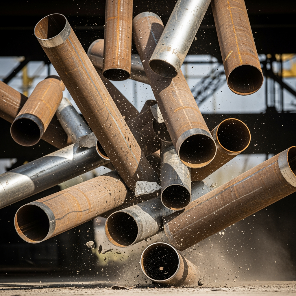 AI Design for make a photo in which steel pipes is fall down