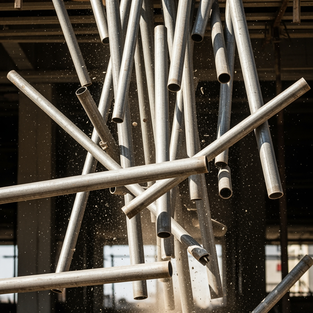 AI Design for make a photo in which steel pipes is fall down