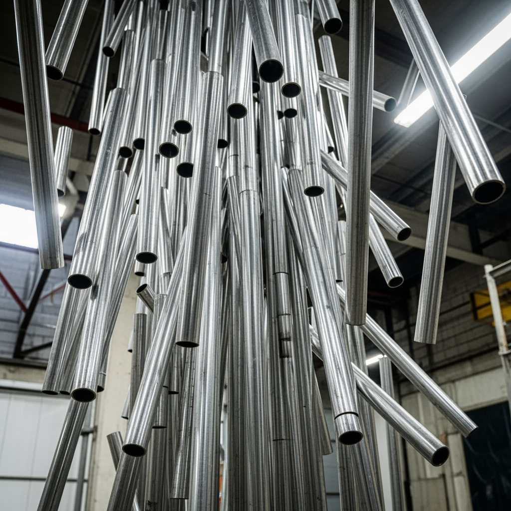 AI Design for make a photo in which shiny steel pipes is fall down