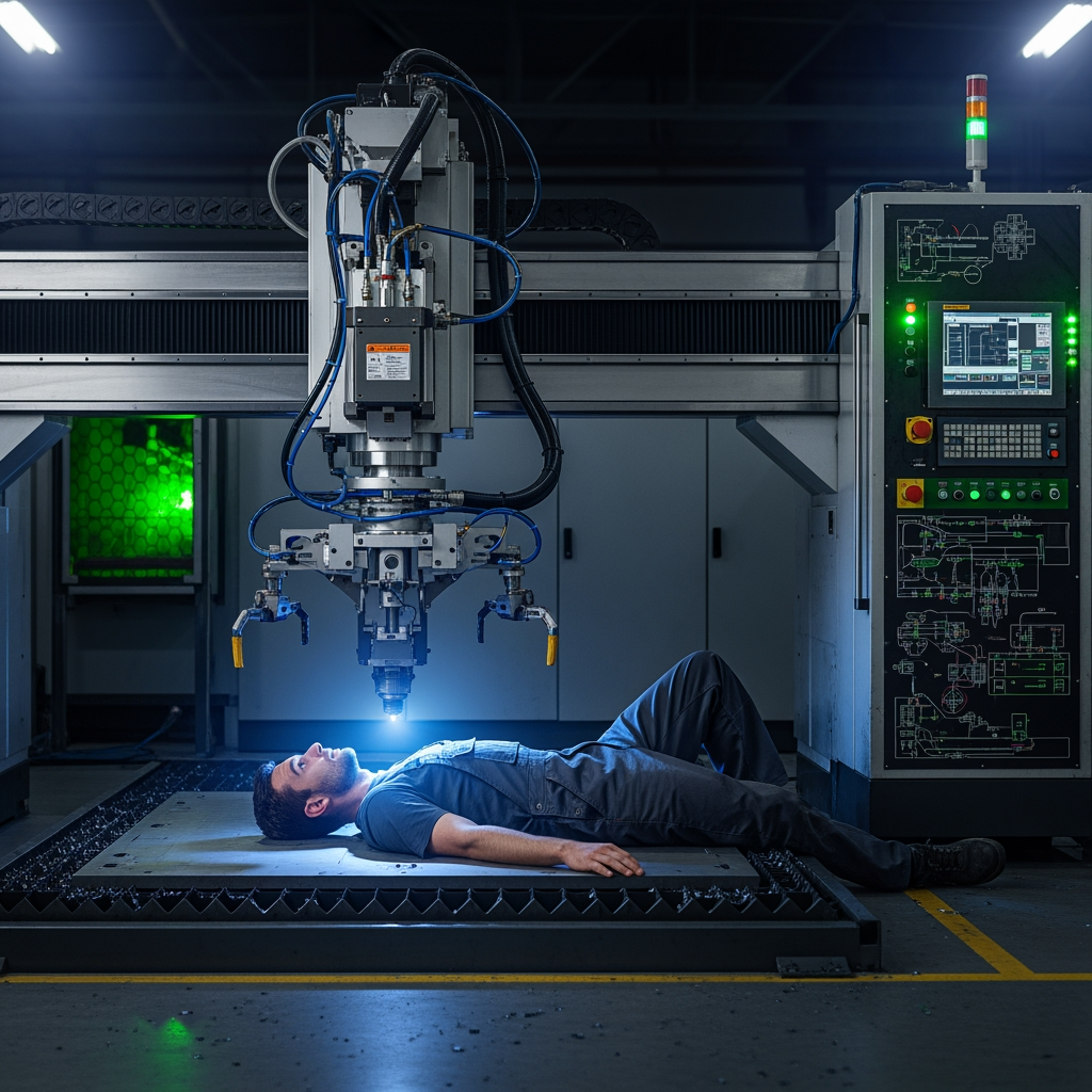AI Design for make a photo in which the CNC laser machine control the mans worker