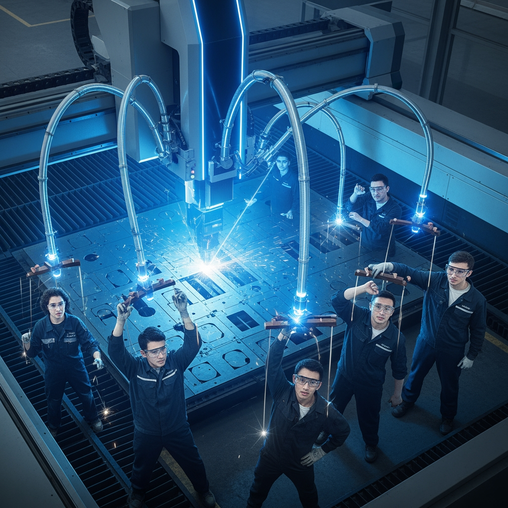 AI Design for make a photo in which the CNC laser machine control the mans worker