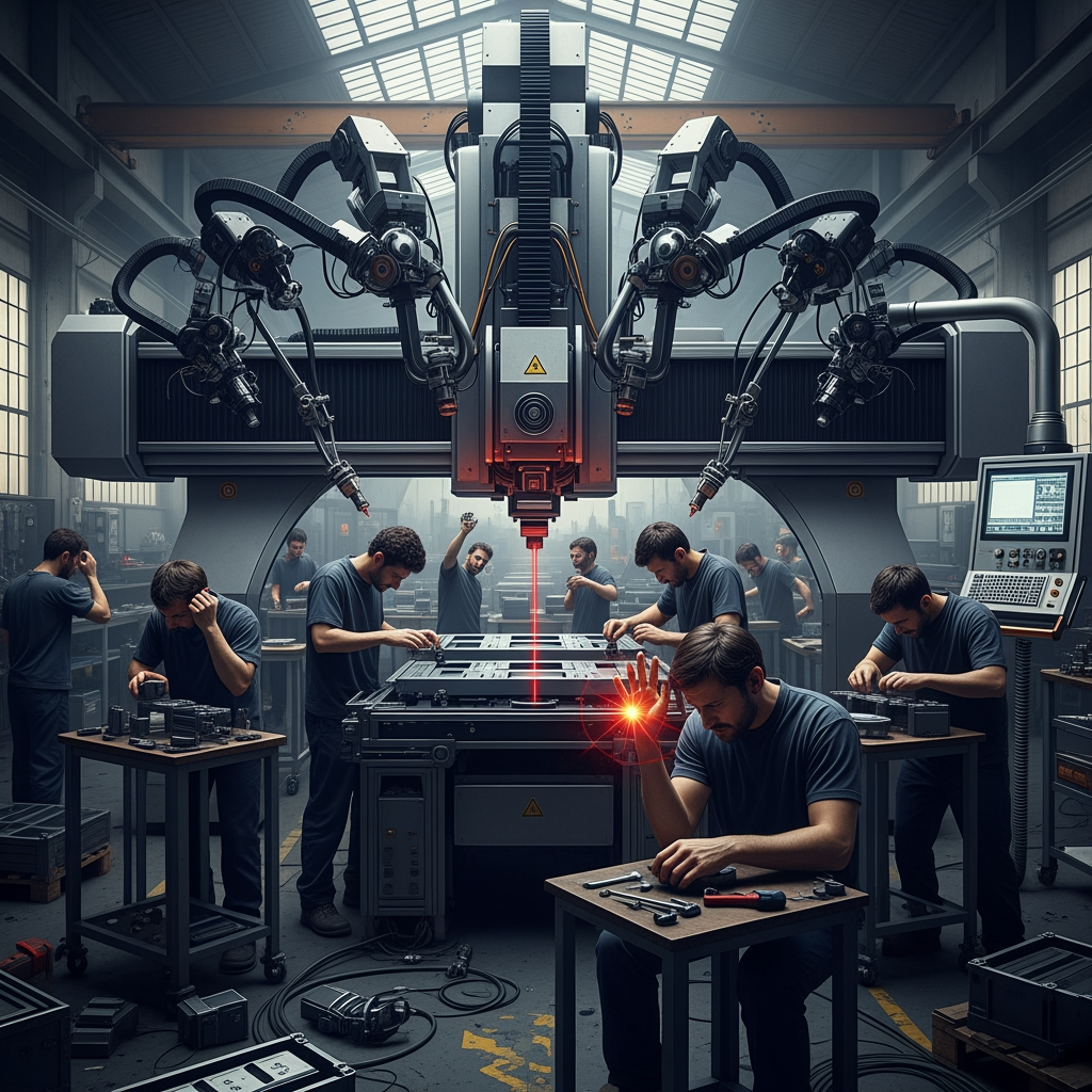 AI Design for make a photo in which the CNC laser machine control the mans worker