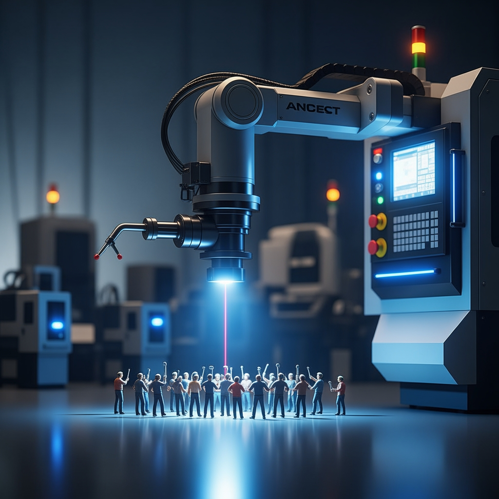 AI Design for make a photo in which the CNC laser machine control the mans worker