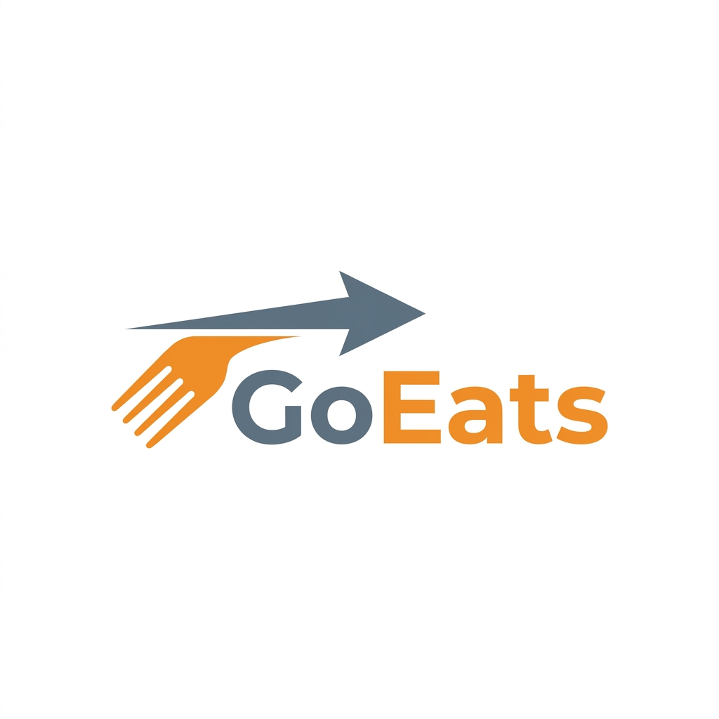 AI Design for A minimalist and modern logo for a food delivery app named GoEats, featuring a stylized, sleek icon that combines a fast-moving arrow with a subtle culinary element like a fork or plate. The design should utilize a vibrant, appetite-inducing color palette of warm orange and slate grey, set against a clean white background with high-contrast, bold lines and a professional, vector-style finish.