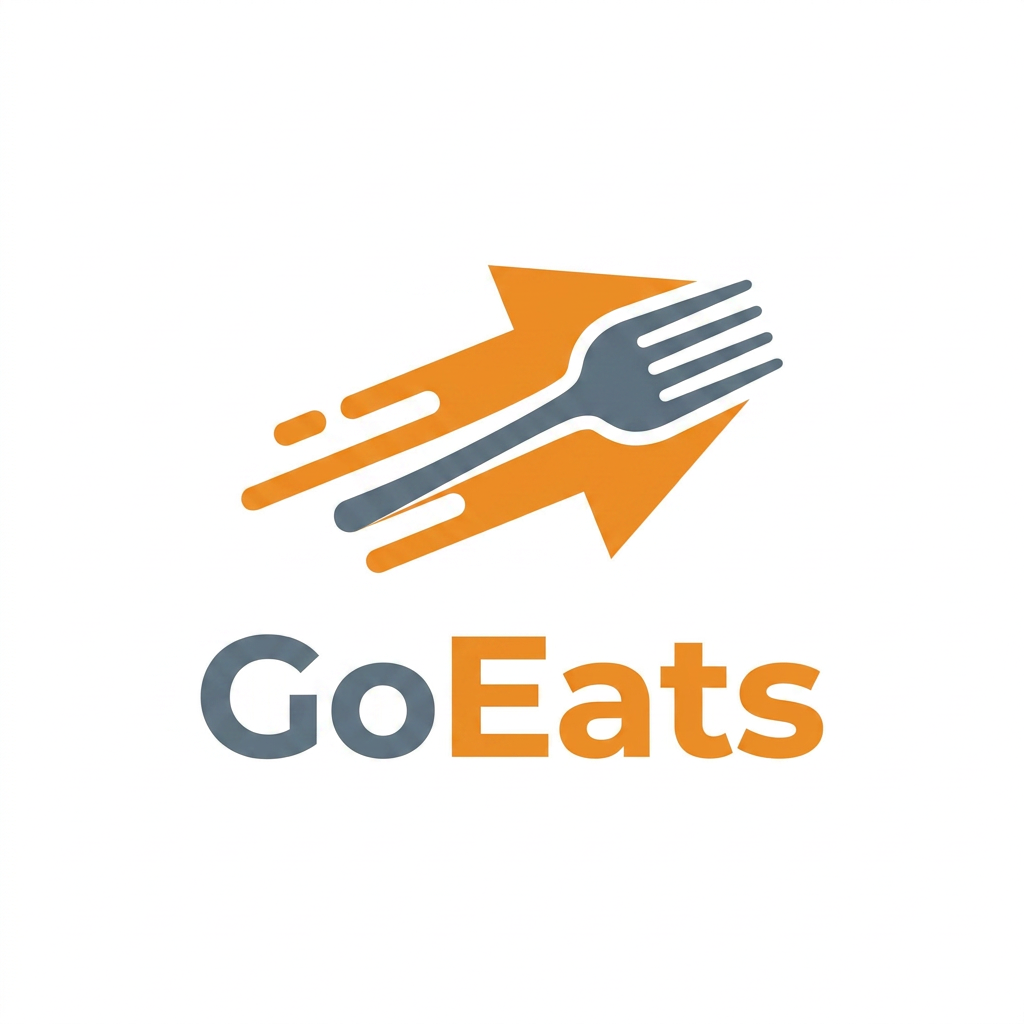 AI Design for A minimalist and modern logo for a food delivery app named GoEats, featuring a stylized, sleek icon that combines a fast-moving arrow with a subtle culinary element like a fork or plate. The design should utilize a vibrant, appetite-inducing color palette of warm orange and slate grey, set against a clean white background with high-contrast, bold lines and a professional, vector-style finish.