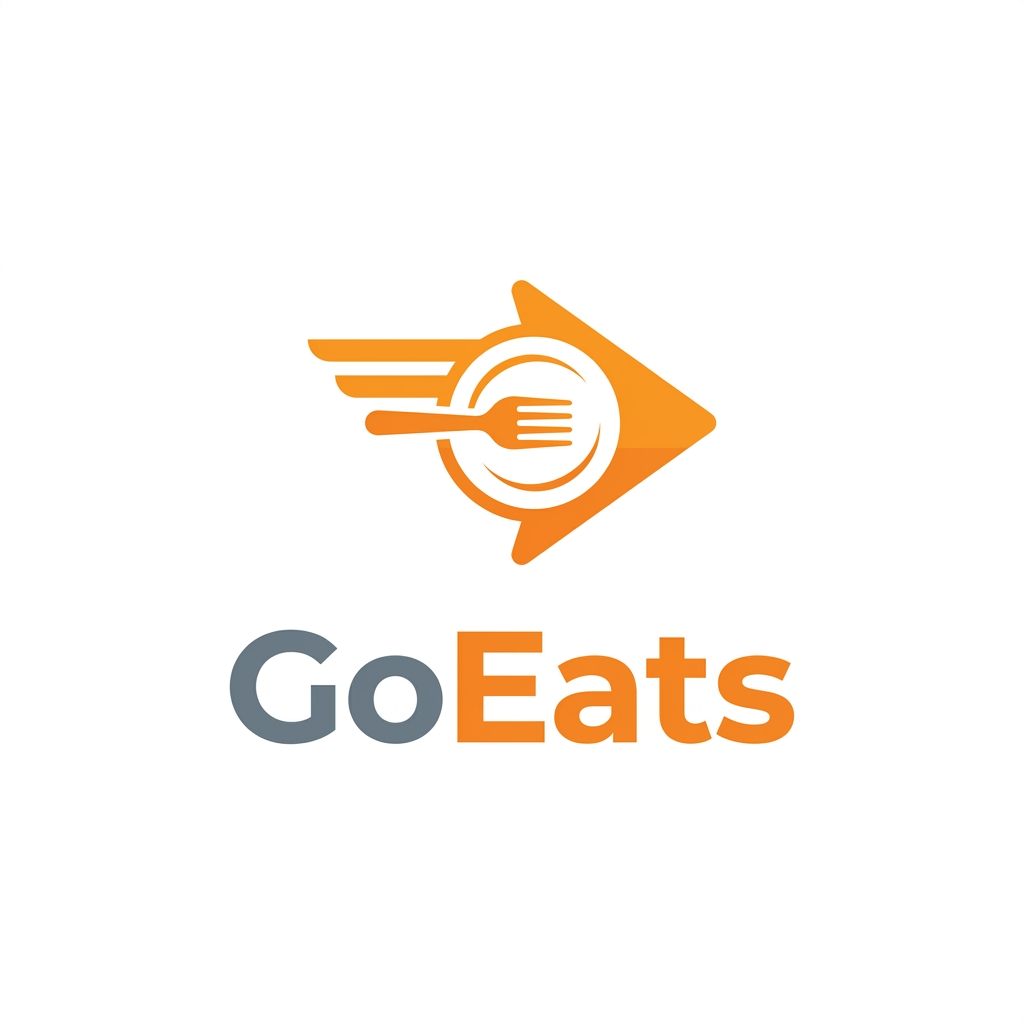 AI Design for A minimalist and modern logo for a food delivery app named GoEats, featuring a stylized, sleek icon that combines a fast-moving arrow with a subtle culinary element like a fork or plate. The design should utilize a vibrant, appetite-inducing color palette of warm orange and slate grey, set against a clean white background with high-contrast, bold lines and a professional, vector-style finish.