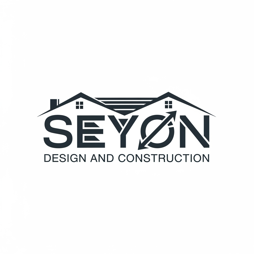 AI Design for logo which name is Seyon Design and construction (points to be noted: the text presented in E is seems like 3 lines and O seems like mars symbol ( all these alphabets seems like house roof design ) representing construction