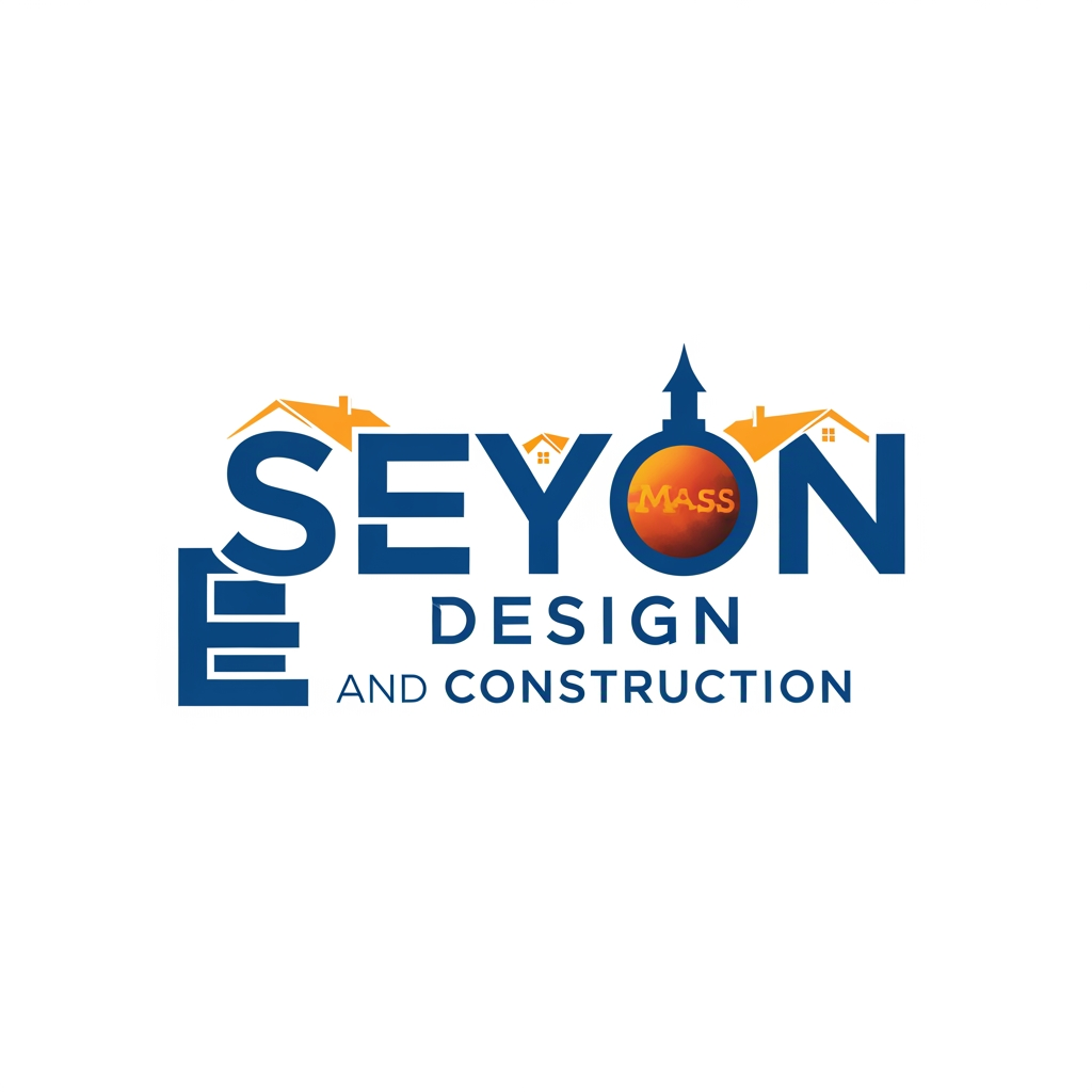AI Design for logo which name is Seyon Design and construction (points to be noted: the text presented in E is seems like 3 lines and O seems like mars symbol ( all these alphabets seems like house roof design ) representing construction