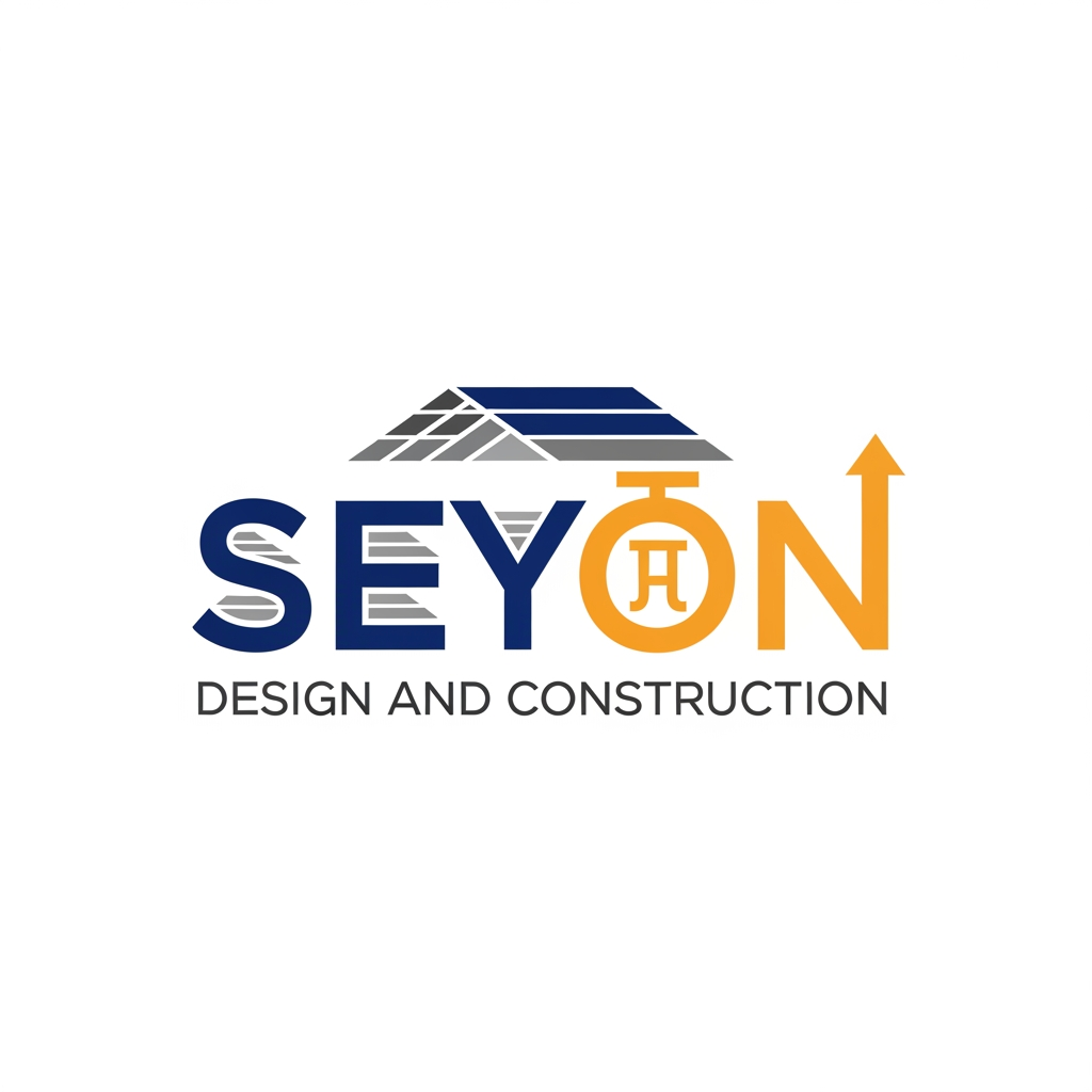 AI Design for logo which name is Seyon Design and construction (points to be noted: the text presented in E is seems like 3 lines and O seems like mars symbol ( all these alphabets seems like house roof design ) representing construction