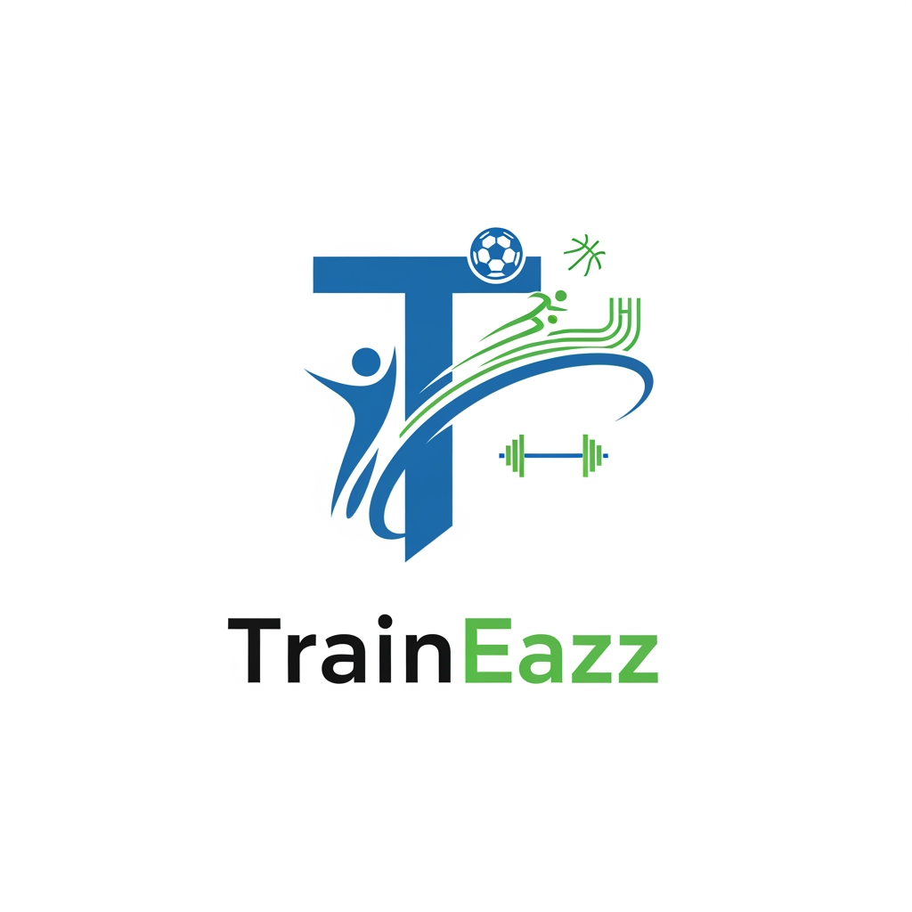 AI Design for create a logo for a sports coaching related app named TrainEazz
use some other sport elemnts
more simple design which is easy to print