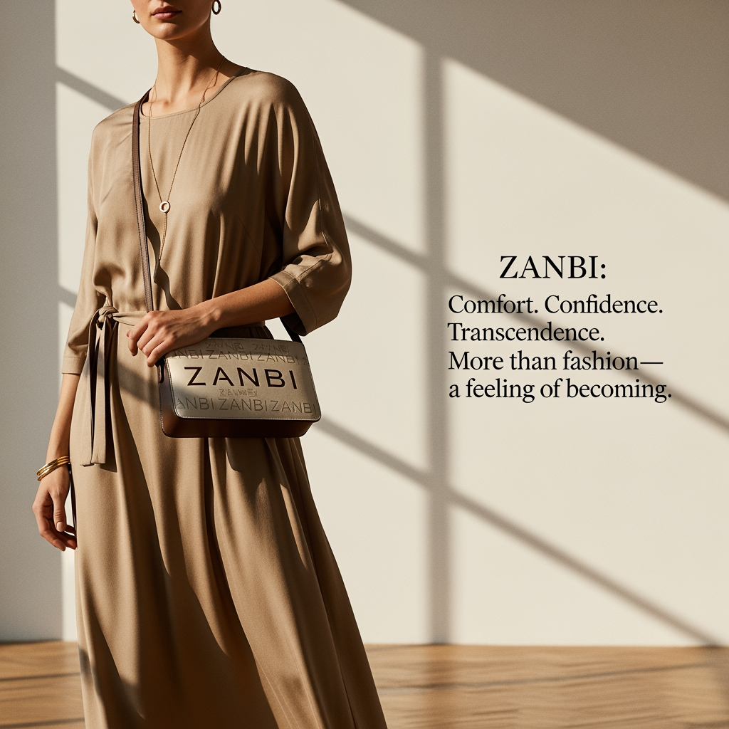 AI Design for ZANBI      Create a premium fashion and lifestyle brand name inspired by the concepts of Transcendence, Comfort, Confidence, Growth, Transformation, Self-Expression, and Emotional Connection. The brand sells clothing, bags, jewelry, accessories, and lifestyle products. The name should capture the feeling of rising above limitations, becoming a better version of yourself, feeling comfortable in your own skin, and carrying quiet confidence. It should feel luxurious yet approachable, elegant, timeless, memorable, easy to pronounce, and suitable for a global fashion brand. Generate short original names (4–8 letters) that evoke transcendence, comfort, confidence, empowerment, warmth, belonging, and personal evolution. Avoid existing famous brands. For each name, provide a meaning, brand story, and slogan. The overall emotion should be: "Comfort. Confidence. Transcendence." and "More than fashion—a feeling of becoming." ✨  
with model
mix this 5 word feeling an