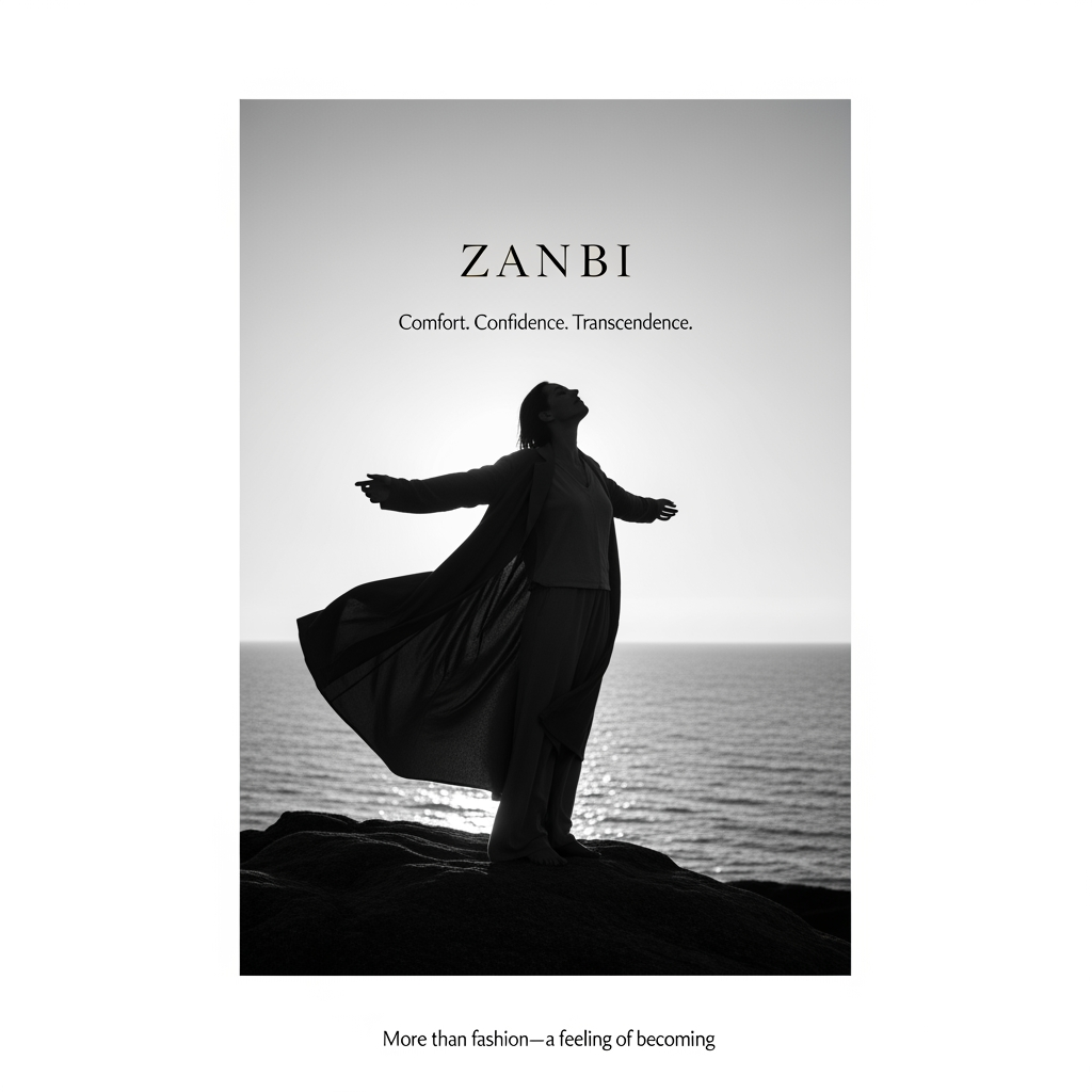 AI Design for ZANBI      Create a premium fashion and lifestyle brand name inspired by the concepts of Transcendence, Comfort, Confidence, Growth, Transformation, Self-Expression, and Emotional Connection. The brand sells clothing, bags, jewelry, accessories, and lifestyle products. The name should capture the feeling of rising above limitations, becoming a better version of yourself, feeling comfortable in your own skin, and carrying quiet confidence. It should feel luxurious yet approachable, elegant, timeless, memorable, easy to pronounce, and suitable for a global fashion brand. Generate short original names (4–8 letters) that evoke transcendence, comfort, confidence, empowerment, warmth, belonging, and personal evolution. Avoid existing famous brands. For each name, provide a meaning, brand story, and slogan. The overall emotion should be: "Comfort. Confidence. Transcendence." and "More than fashion—a feeling of becoming." ✨  
with model
mix this 5 word feeling an