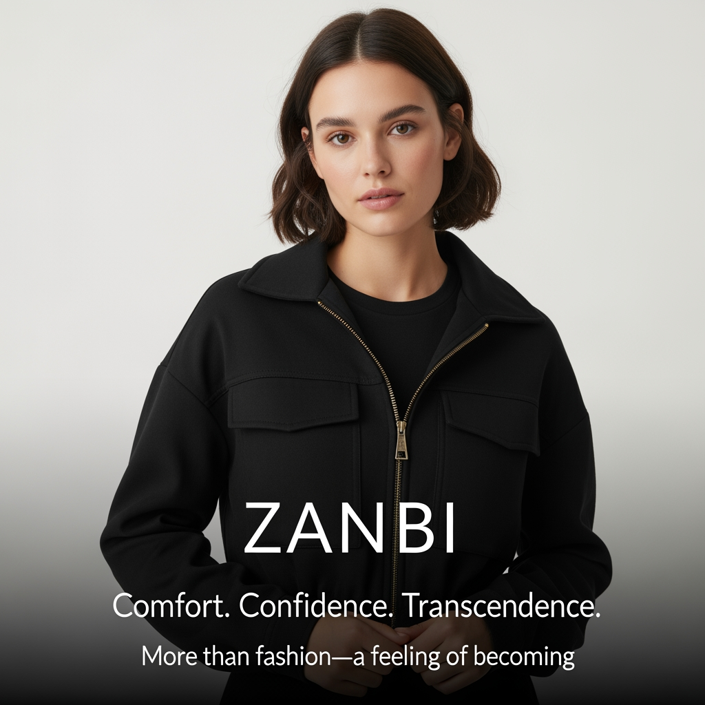 AI Design for ZANBI      Create a premium fashion and lifestyle brand name inspired by the concepts of Transcendence, Comfort, Confidence, Growth, Transformation, Self-Expression, and Emotional Connection. The brand sells clothing, bags, jewelry, accessories, and lifestyle products. The name should capture the feeling of rising above limitations, becoming a better version of yourself, feeling comfortable in your own skin, and carrying quiet confidence. It should feel luxurious yet approachable, elegant, timeless, memorable, easy to pronounce, and suitable for a global fashion brand. Generate short original names (4–8 letters) that evoke transcendence, comfort, confidence, empowerment, warmth, belonging, and personal evolution. Avoid existing famous brands. For each name, provide a meaning, brand story, and slogan. The overall emotion should be: "Comfort. Confidence. Transcendence." and "More than fashion—a feeling of becoming." ✨  
with model
mix this 5 word feeling an