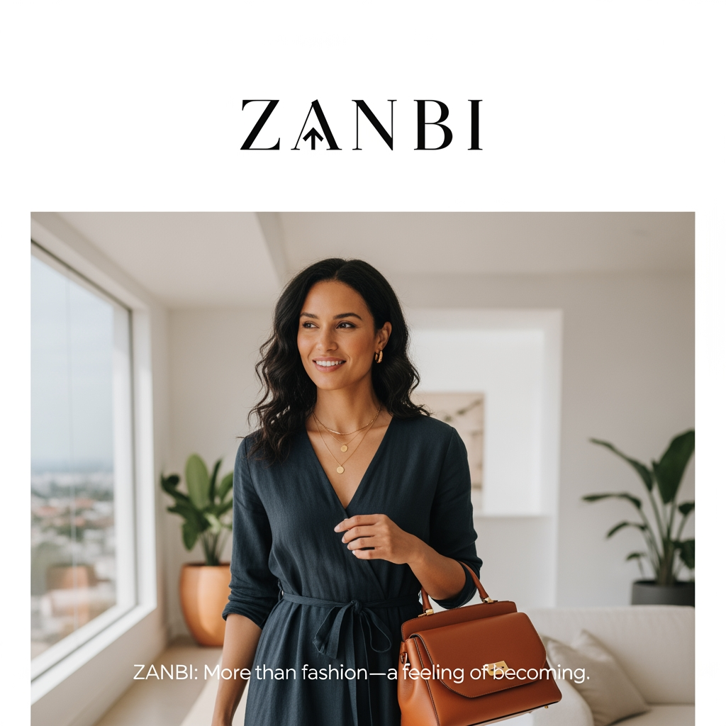 AI Design for ZANBI      Create a premium fashion and lifestyle brand name inspired by the concepts of Transcendence, Comfort, Confidence, Growth, Transformation, Self-Expression, and Emotional Connection. The brand sells clothing, bags, jewelry, accessories, and lifestyle products. The name should capture the feeling of rising above limitations, becoming a better version of yourself, feeling comfortable in your own skin, and carrying quiet confidence. It should feel luxurious yet approachable, elegant, timeless, memorable, easy to pronounce, and suitable for a global fashion brand. Generate short original names (4–8 letters) that evoke transcendence, comfort, confidence, empowerment, warmth, belonging, and personal evolution. Avoid existing famous brands. For each name, provide a meaning, brand story, and slogan. The overall emotion should be: "Comfort. Confidence. Transcendence." and "More than fashion—a feeling of becoming." ✨  
with model
mix this 5 word feeling an