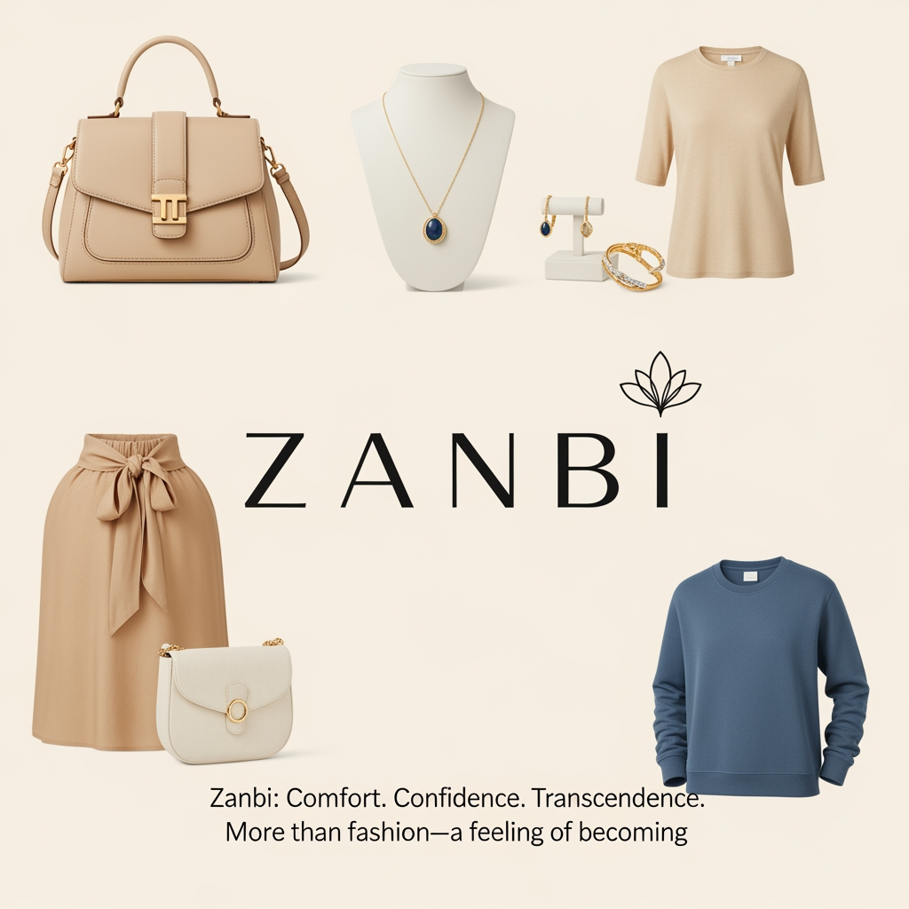 AI Design for ZANBI Create a premium fashion and lifestyle brand name inspired by the concepts of Transcendence, Comfort, Confidence, Growth, Transformation, Self-Expression, and Emotional Connection. The brand sells clothing, bags, jewelry, accessories, and lifestyle products. The name should capture the feeling of rising above limitations, becoming a better version of yourself, feeling comfortable in your own skin, and carrying quiet confidence. It should feel luxurious yet approachable, elegant, timeless, memorable, easy to pronounce, and suitable for a global fashion brand. Generate short original names (4–8 letters) that evoke transcendence, comfort, confidence, empowerment, warmth, belonging, and personal evolution. Avoid existing famous brands. For each name, provide a meaning, brand story, and slogan. The overall emotion should be: "Comfort. Confidence. Transcendence." and "More than fashion—a feeling of becoming." ✨
with model
mix this 5 word feeling an