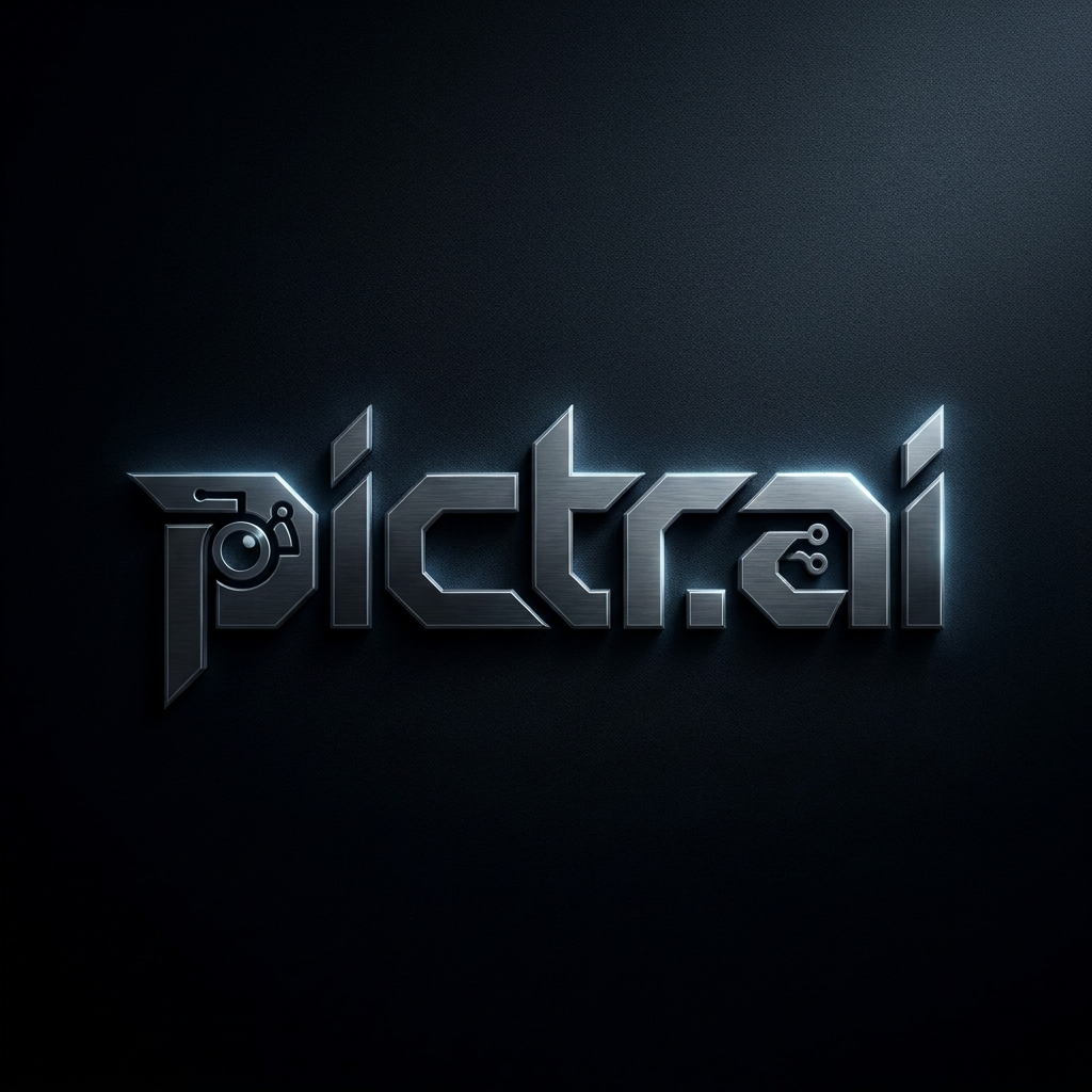 AI Design for A high-end, minimalist logo design featuring the text pictr.ai, rendered in a bold, futuristic typography style. The composition uses a sophisticated monochromatic color palette with subtle metallic textures and sharp, clean lines, set against a deep obsidian background with soft ambient rim lighting to create a premium, tech-forward aesthetic.