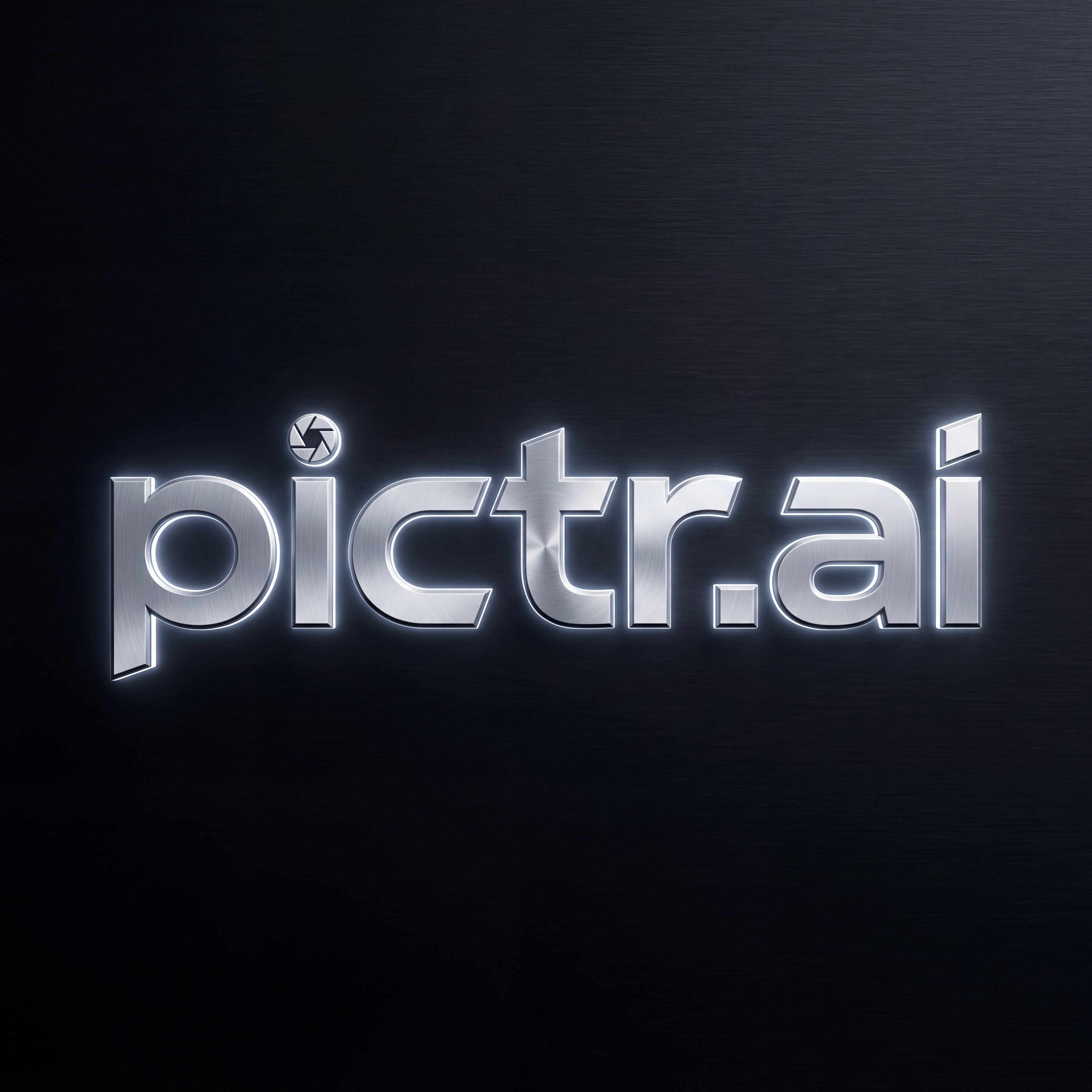 AI Design for A high-end, minimalist logo design featuring the text pictr.ai, rendered in a bold, futuristic typography style. The composition uses a sophisticated monochromatic color palette with subtle metallic textures and sharp, clean lines, set against a deep obsidian background with soft ambient rim lighting to create a premium, tech-forward aesthetic.