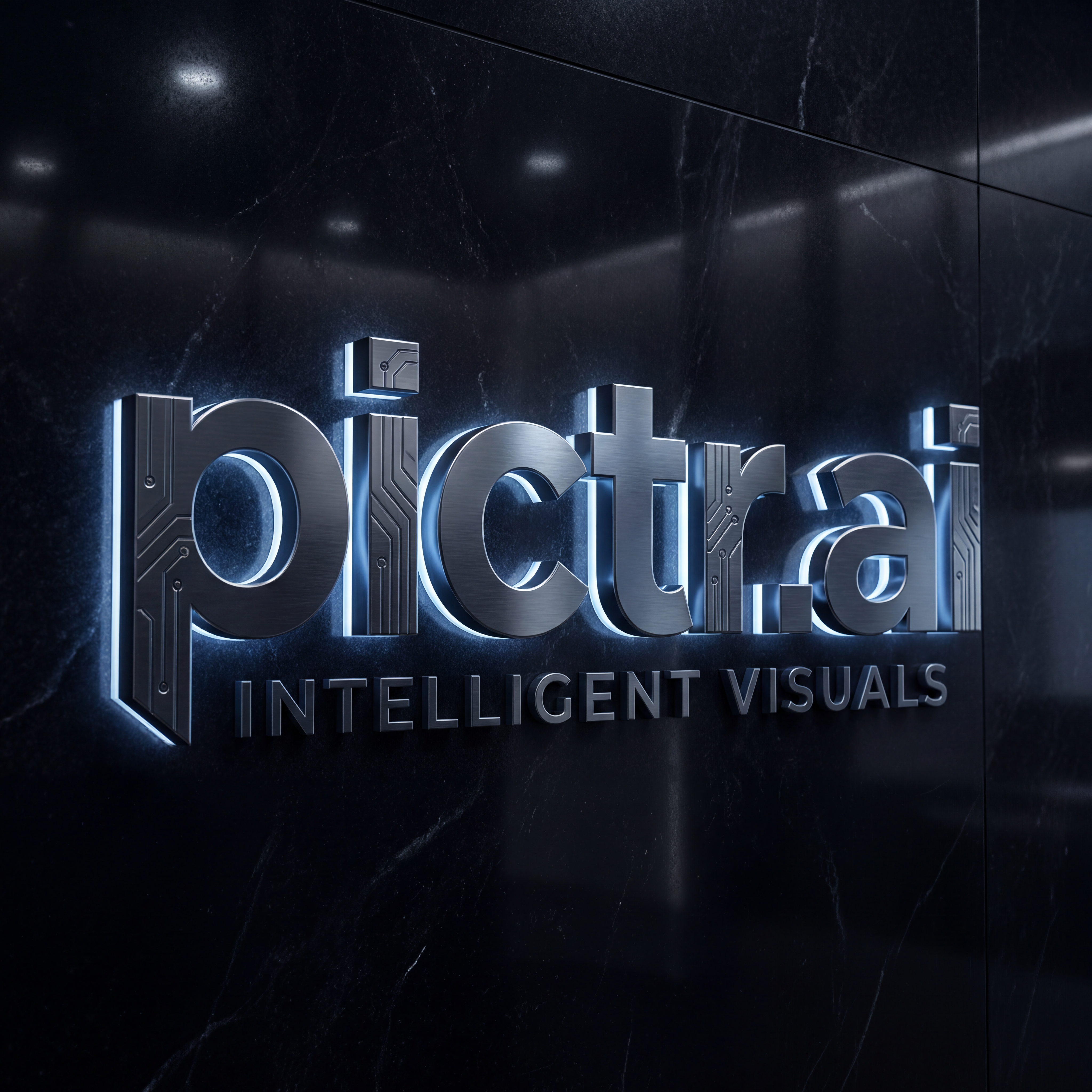 AI Design for A high-end, minimalist logo design featuring the text pictr.ai, rendered in a bold, futuristic typography style. The composition uses a sophisticated monochromatic color palette with subtle metallic textures and sharp, clean lines, set against a deep obsidian background with soft ambient rim lighting to create a premium, tech-forward aesthetic.