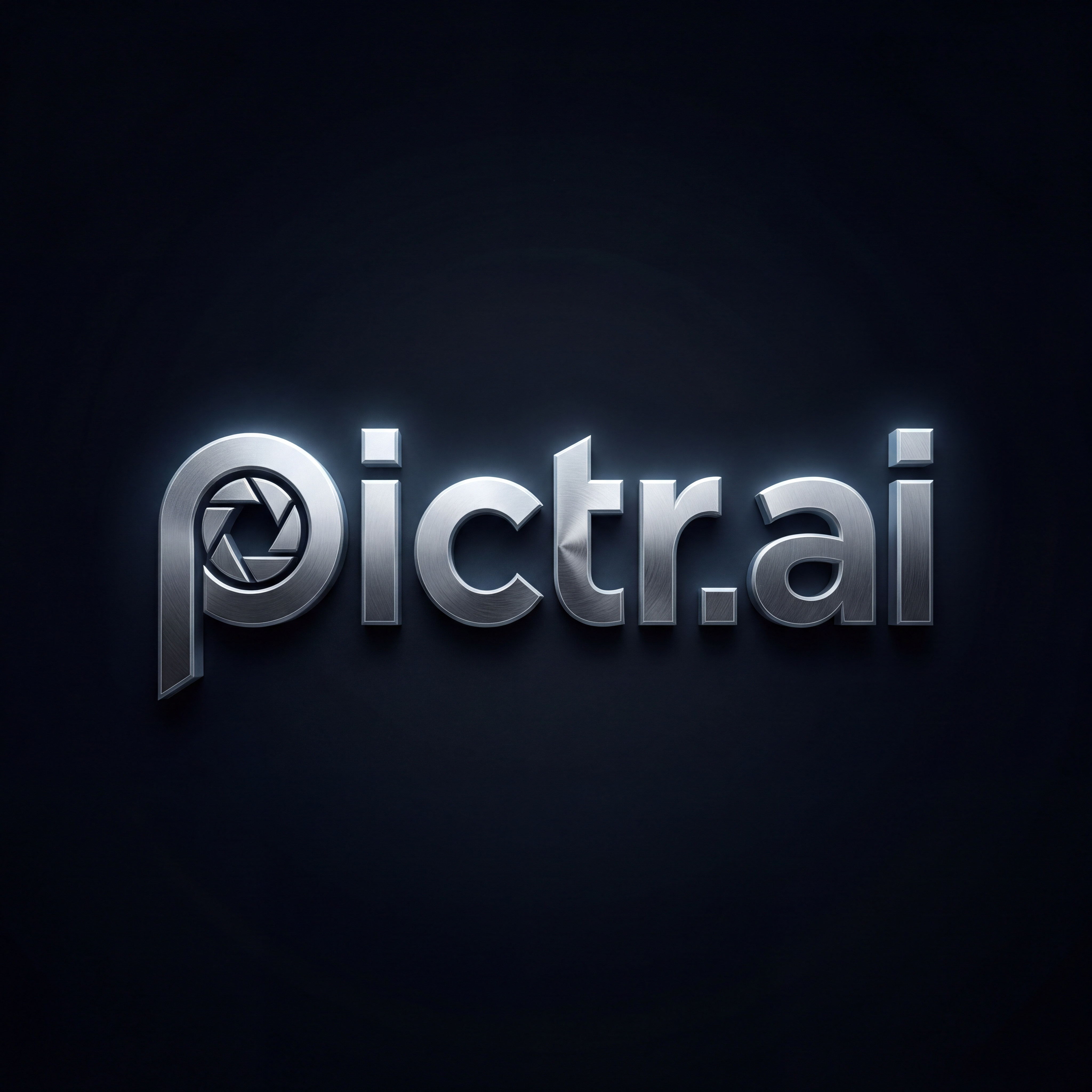 AI Design for A high-end, minimalist logo design featuring the text pictr.ai, rendered in a bold, futuristic typography style. The composition uses a sophisticated monochromatic color palette with subtle metallic textures and sharp, clean lines, set against a deep obsidian background with soft ambient rim lighting to create a premium, tech-forward aesthetic.