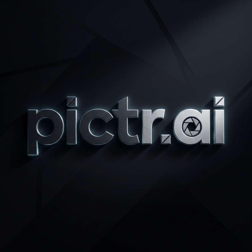 AI Design for A high-end, minimalist logo design featuring the text pictr.ai, rendered in a bold, futuristic typography style. The composition uses a sophisticated monochromatic color palette with subtle metallic textures and sharp, clean lines, set against a deep obsidian background with soft ambient rim lighting to create a premium, tech-forward aesthetic.
