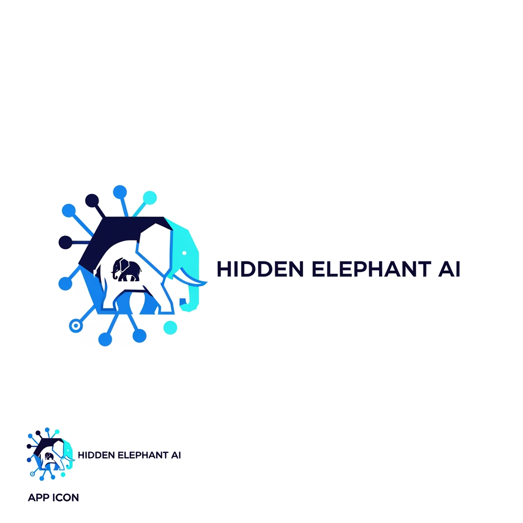 AI Design for Create a world-class logo for a technology company named "Hidden Elephant AI".

Design a premium, innovative, and highly memorable logo that subtly hides an elephant within the symbol using clever negative space. The elephant should not be immediately obvious but become recognizable upon closer inspection, creating a powerful "aha" moment.

The logo should symbolize:

Artificial Intelligence
Hidden insights
Data intelligence
Pattern recognition
Business automation
Strategic thinking
Machine learning
Innovation
Digital transformation

Create a sophisticated geometric icon by combining:

Elephant silhouette
Neural network connections
Abstract AI circuits
Data nodes
Intelligence pathways
Hidden negative space elements

The design should feel like a billion-dollar AI startup brand, inspired by modern technology leaders.

Style
Minimalist
Premium SaaS branding
Geometric precision
Clever negative space
Modern enterprise technology
Futuristic but professional
Clean vector artwork
Instantly recognizable
Typography

Use a bold modern sans-serif typeface.

Brand Name:

Hidden Elephant AI

Clean typography with excellent spacing and premium visual balance.

Color Palette
Deep Navy
Electric Blue
Intelligent Cyan
White
Optional subtle AI-inspired gradient
Composition
Icon on left
Company name on right
White background
Ultra-sharp vector quality
Professional brand presentation
App icon version included
Inspiration

Stripe
OpenAI
Anthropic
Notion
Linear
Airtable
Datadog
Palantir

Creative Twist

The elephant should be hidden inside:

a neural network,
a letter H,
a letter E,
a data node structure,
or an abstract AI symbol,

using masterful negative space so the logo reveals itself gradually.

The final result should look like an award-winning logo featured on Behance and Dribbble, suitable for a leading AI company.

Negative Prompt

cartoon elephant, mascot logo, cute animal, clipart, low quality, stock logo, generic AI icon, robot head, excessive details, busy composition, blurry edges, poor typography, watermark, outdated design, childish style