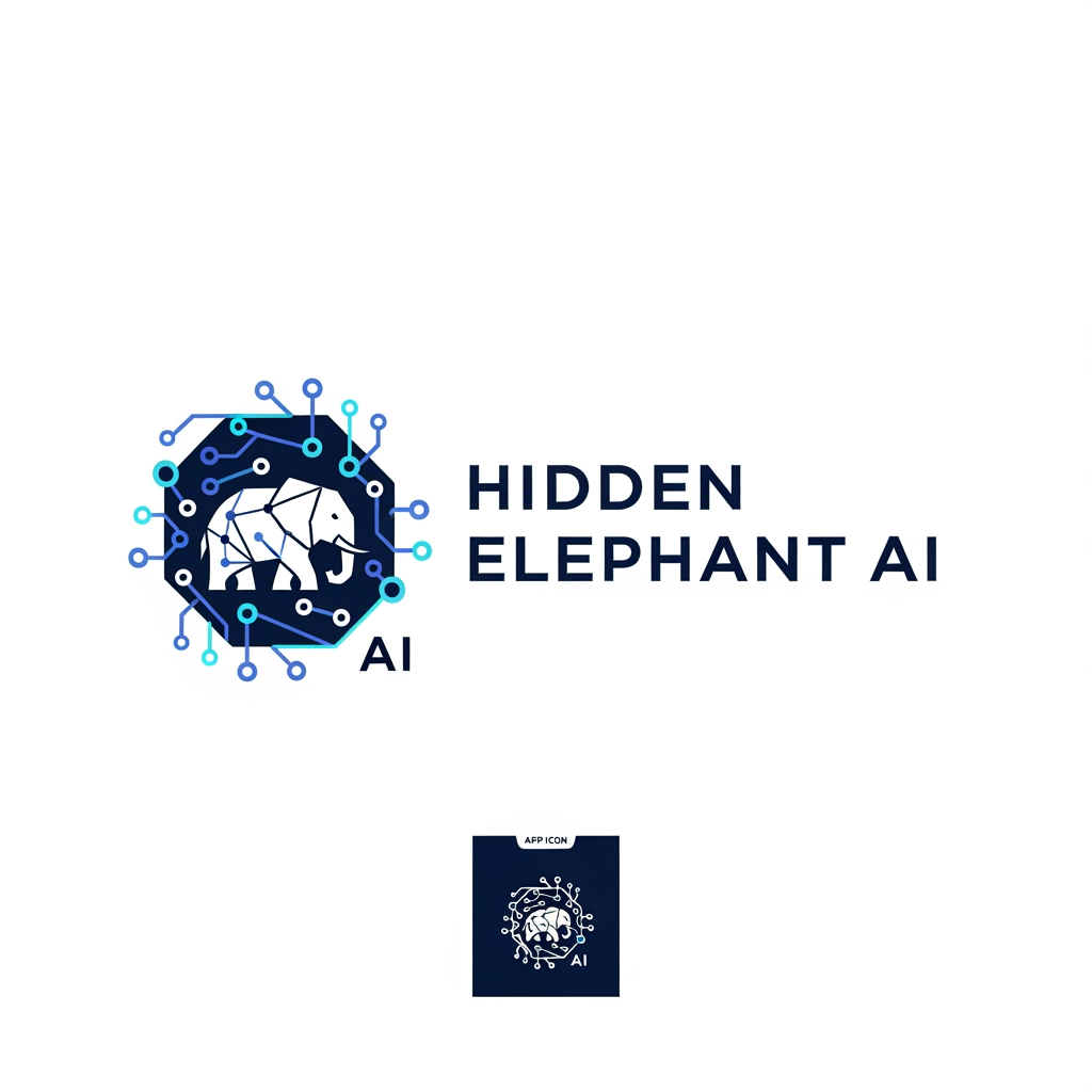 AI Design for Create a world-class logo for a technology company named "Hidden Elephant AI".

Design a premium, innovative, and highly memorable logo that subtly hides an elephant within the symbol using clever negative space. The elephant should not be immediately obvious but become recognizable upon closer inspection, creating a powerful "aha" moment.

The logo should symbolize:

Artificial Intelligence
Hidden insights
Data intelligence
Pattern recognition
Business automation
Strategic thinking
Machine learning
Innovation
Digital transformation

Create a sophisticated geometric icon by combining:

Elephant silhouette
Neural network connections
Abstract AI circuits
Data nodes
Intelligence pathways
Hidden negative space elements

The design should feel like a billion-dollar AI startup brand, inspired by modern technology leaders.

Style
Minimalist
Premium SaaS branding
Geometric precision
Clever negative space
Modern enterprise technology
Futuristic but professional
Clean vector artwork
Instantly recognizable
Typography

Use a bold modern sans-serif typeface.

Brand Name:

Hidden Elephant AI

Clean typography with excellent spacing and premium visual balance.

Color Palette
Deep Navy
Electric Blue
Intelligent Cyan
White
Optional subtle AI-inspired gradient
Composition
Icon on left
Company name on right
White background
Ultra-sharp vector quality
Professional brand presentation
App icon version included
Inspiration

Stripe
OpenAI
Anthropic
Notion
Linear
Airtable
Datadog
Palantir

Creative Twist

The elephant should be hidden inside:

a neural network,
a letter H,
a letter E,
a data node structure,
or an abstract AI symbol,

using masterful negative space so the logo reveals itself gradually.

The final result should look like an award-winning logo featured on Behance and Dribbble, suitable for a leading AI company.

Negative Prompt

cartoon elephant, mascot logo, cute animal, clipart, low quality, stock logo, generic AI icon, robot head, excessive details, busy composition, blurry edges, poor typography, watermark, outdated design, childish style